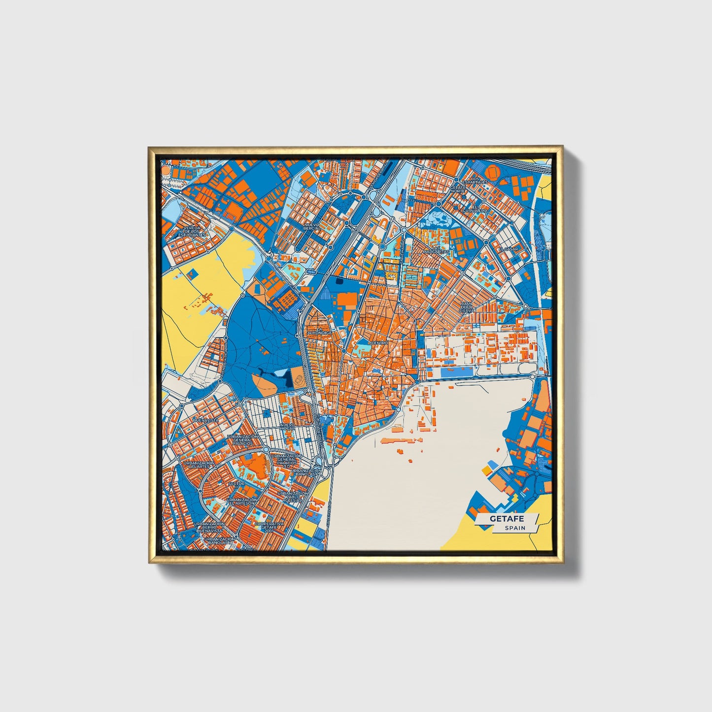 Getafe Spain Colorful City Map Canvas Print • Gold Framed