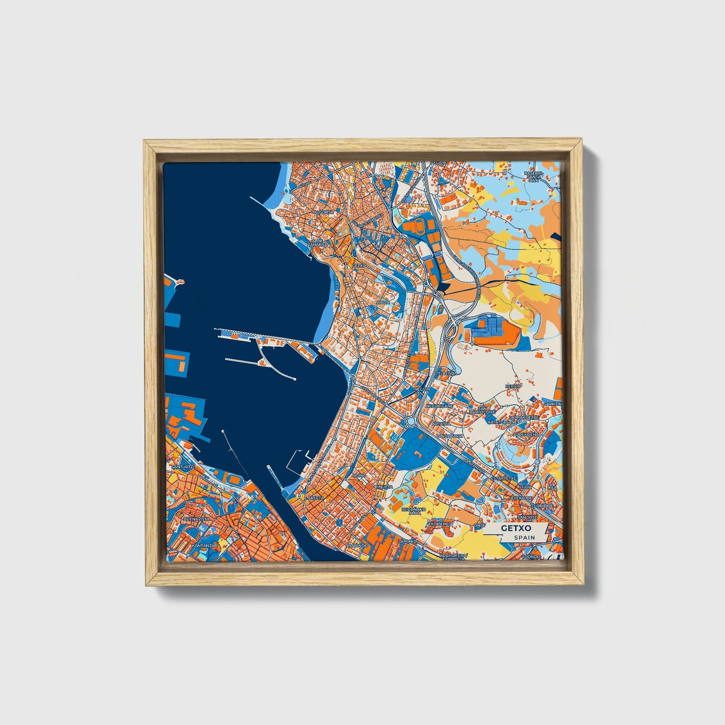 Getxo Spain Colorful City Map Canvas Print • Natural Wooden Framed