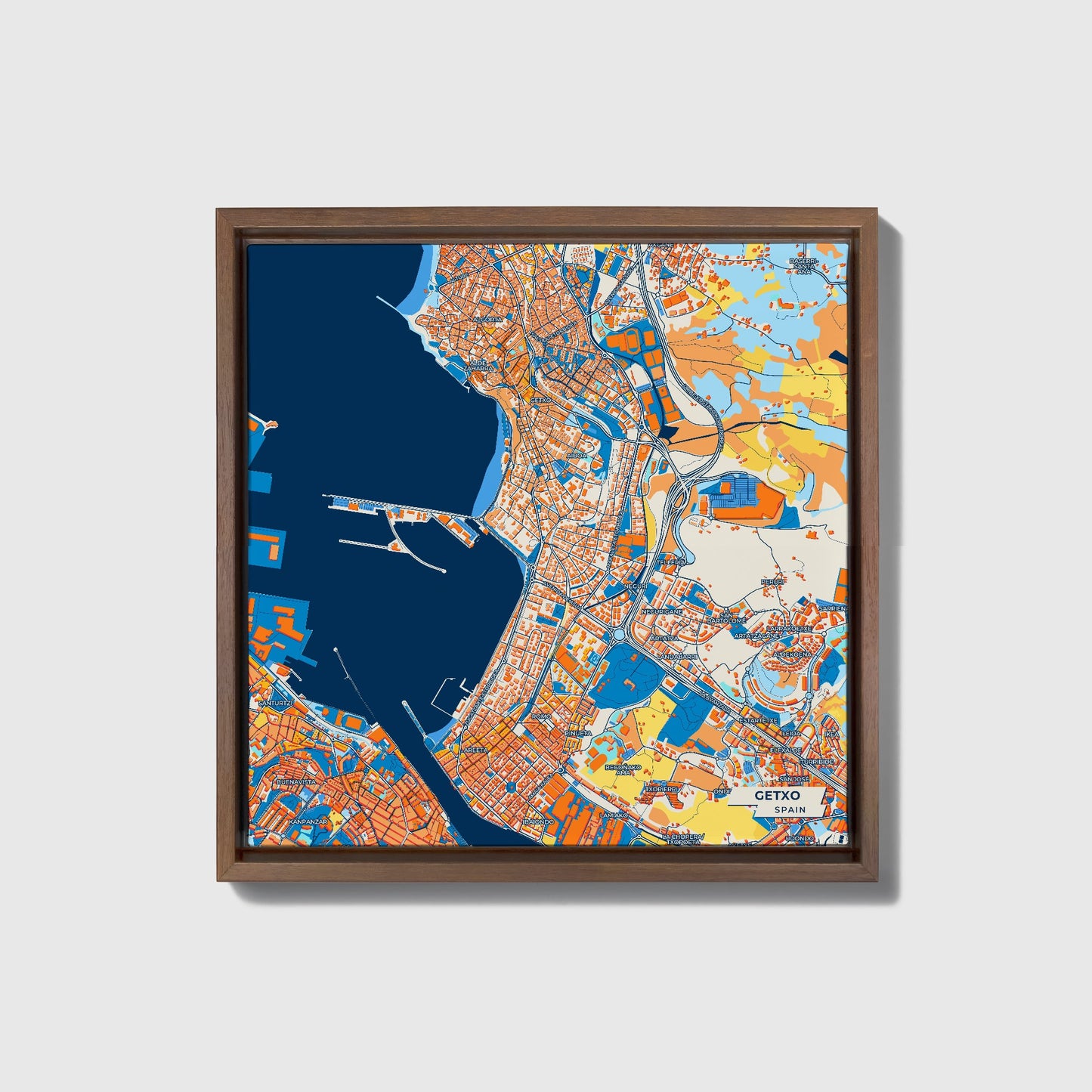Getxo Spain Colorful City Map Canvas Print • Dark Wooden Framed