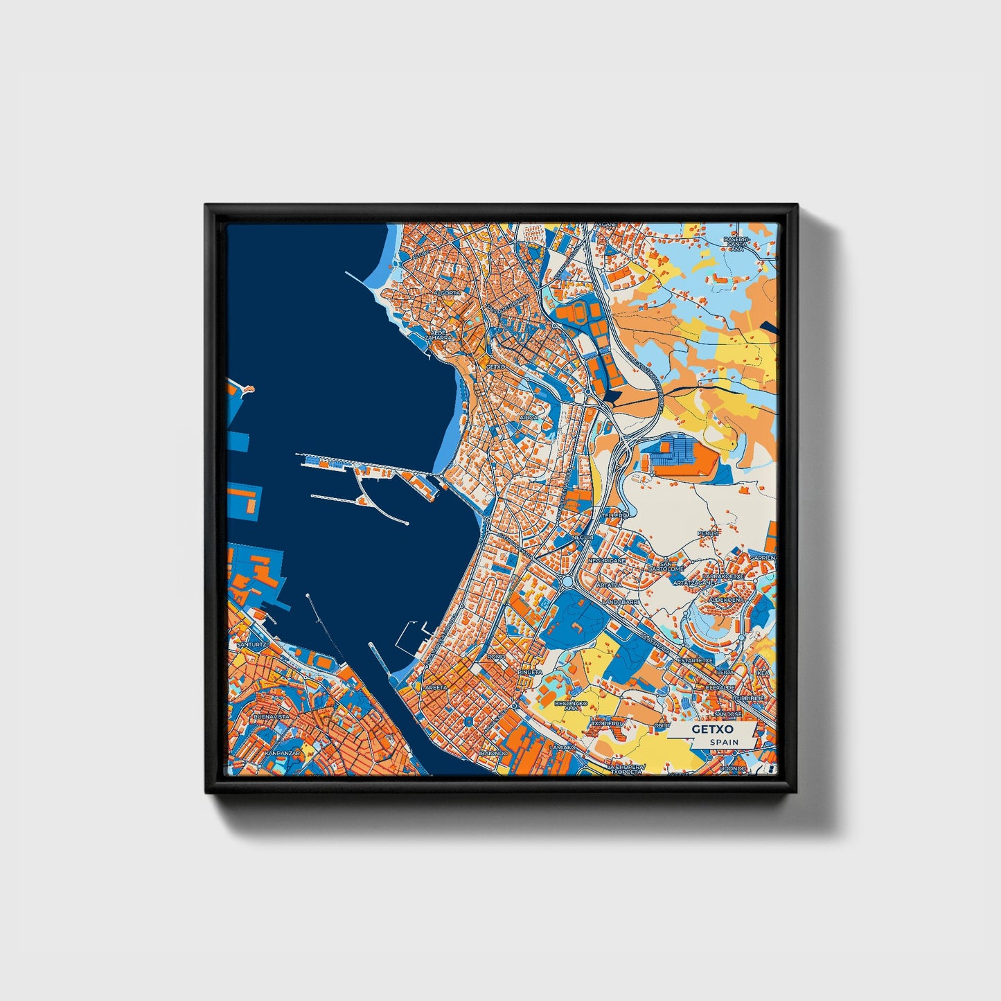 Getxo Spain Colorful City Map Canvas Print • Black Framed