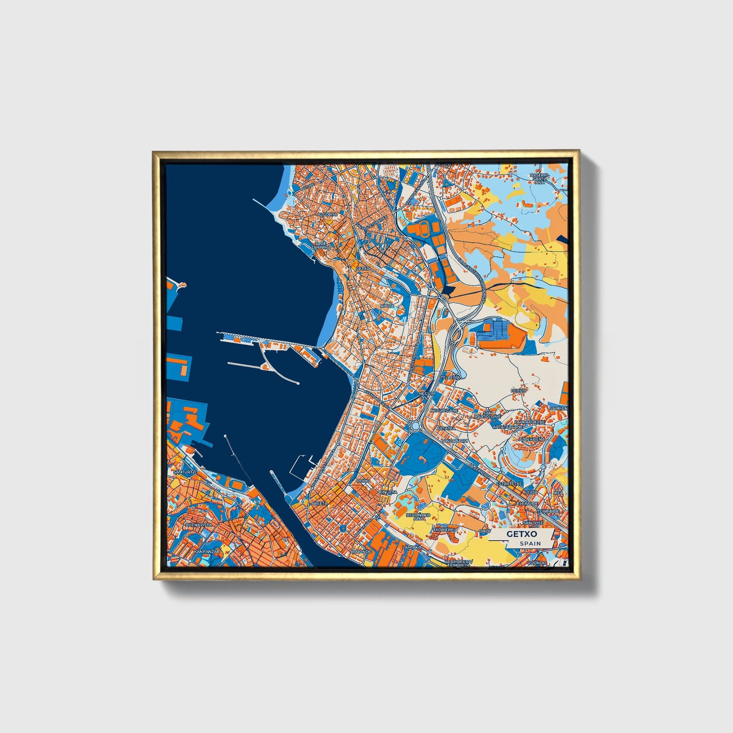 Getxo Spain Colorful City Map Canvas Print • Gold Framed
