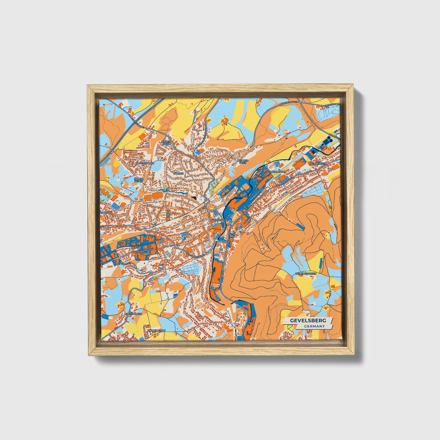Gevelsberg Germany Colorful City Map Canvas Print • Natural Wooden Framed