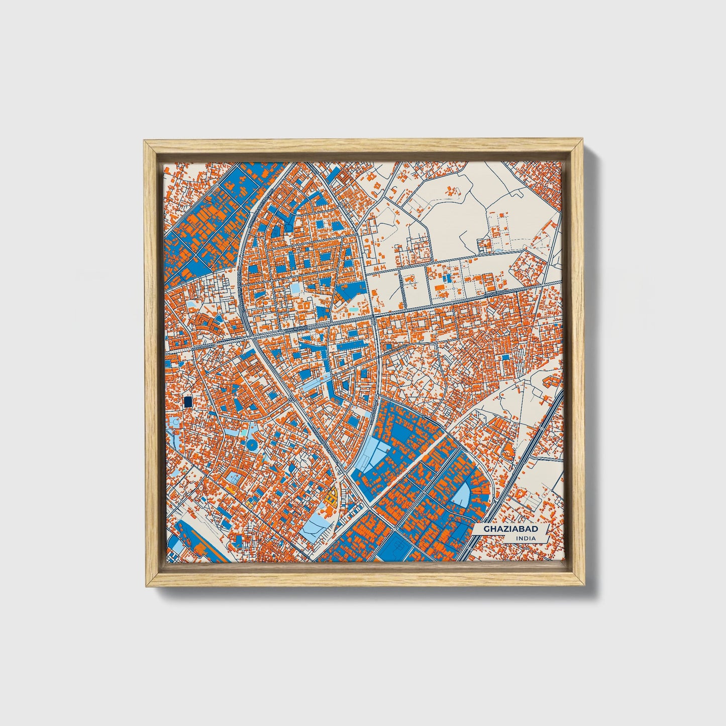 Ghaziabad India Colorful City Map Canvas Print • Natural Wooden Framed