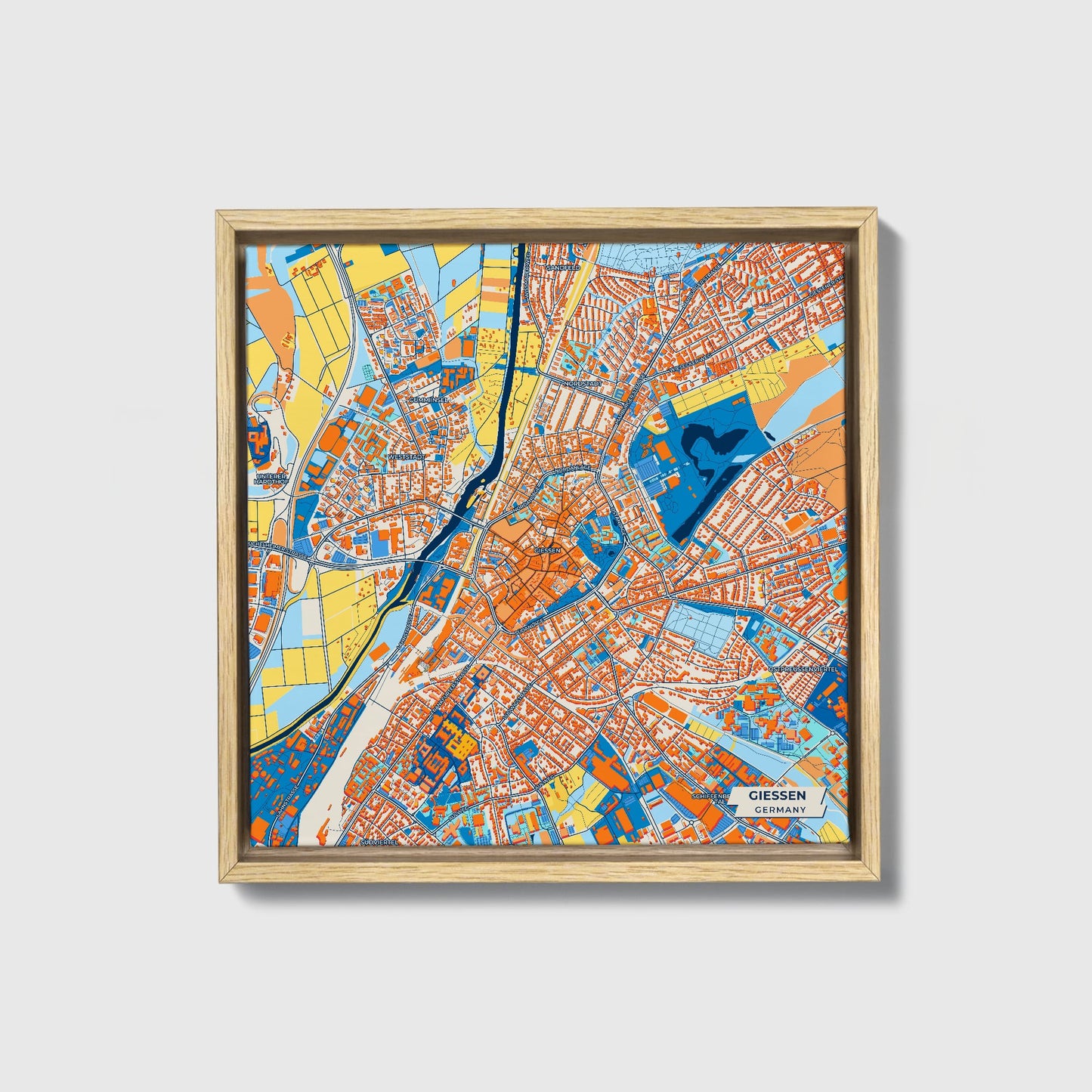 Giessen Germany Colorful City Map Canvas Print • Natural Wooden Framed