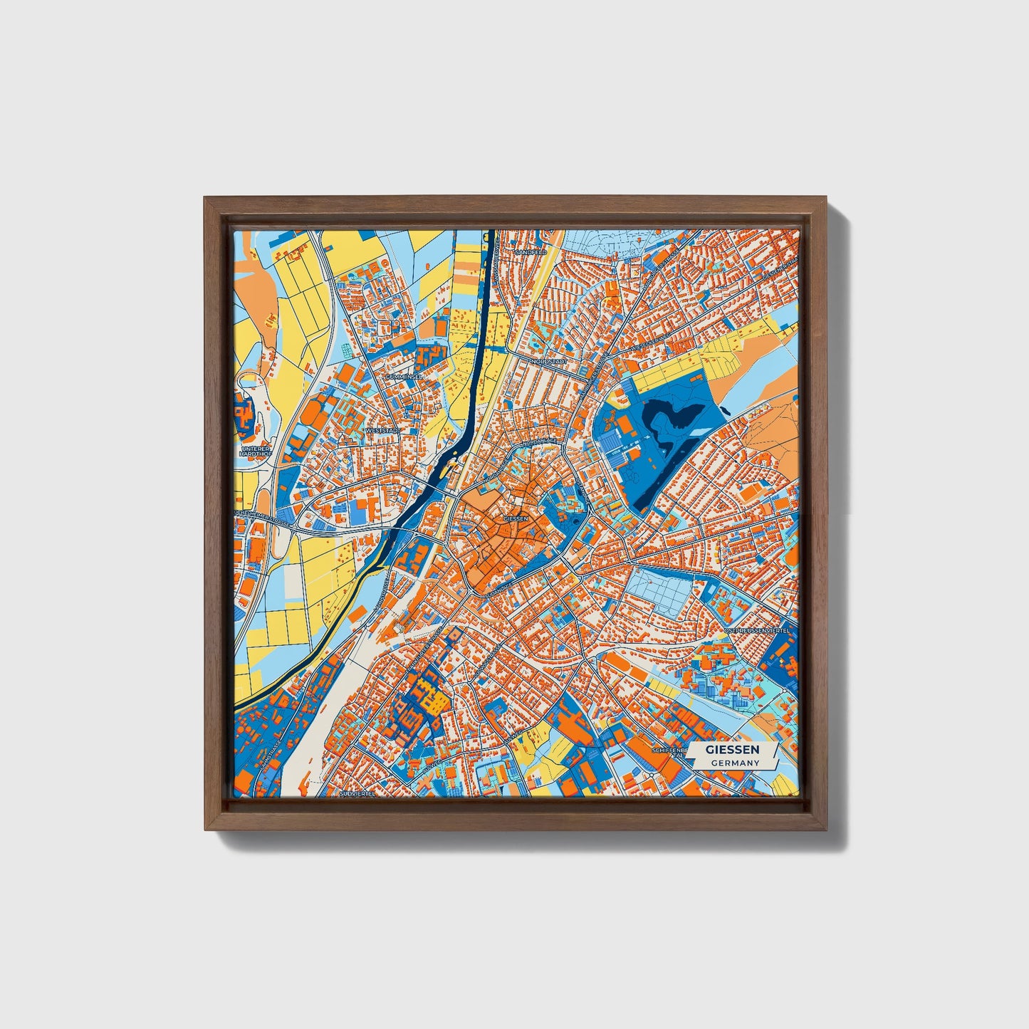 Giessen Germany Colorful City Map Canvas Print • Dark Wooden Framed