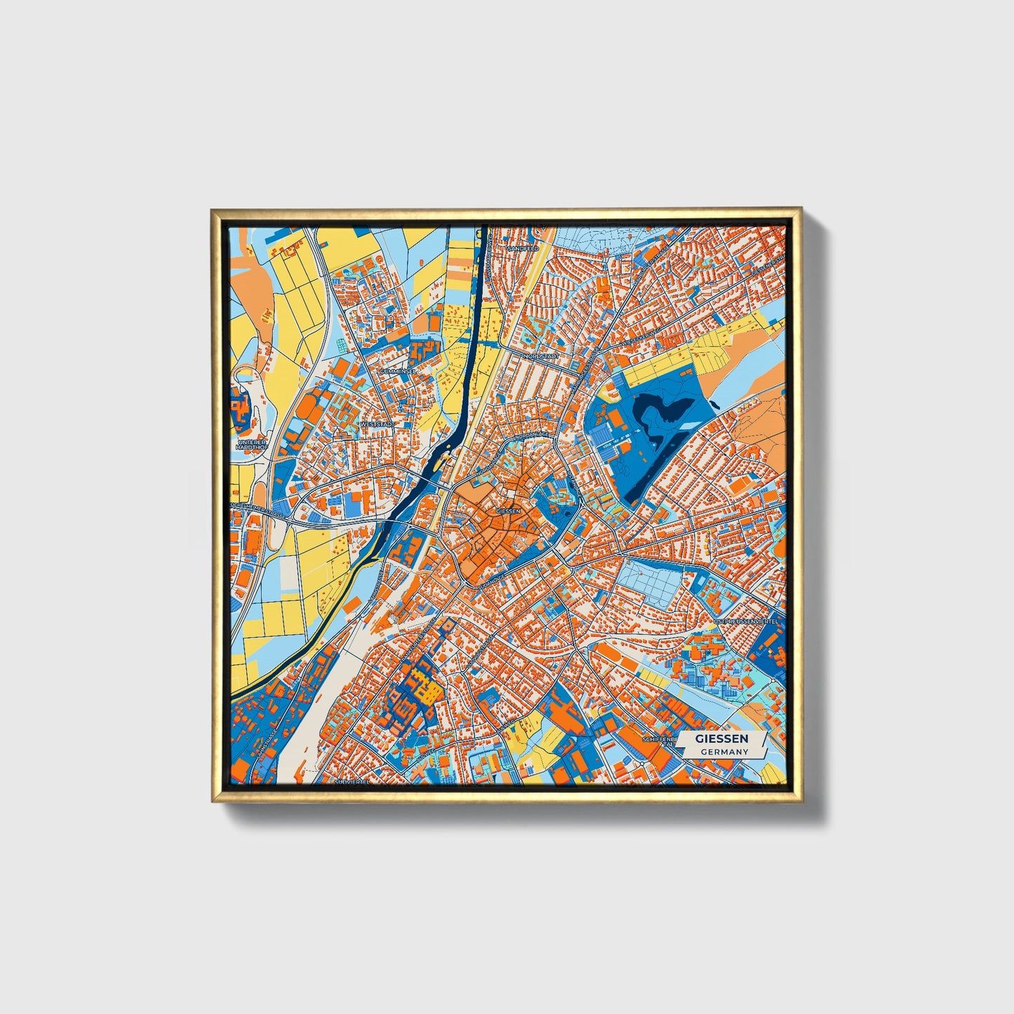 Giessen Germany Colorful City Map Canvas Print • Gold Framed