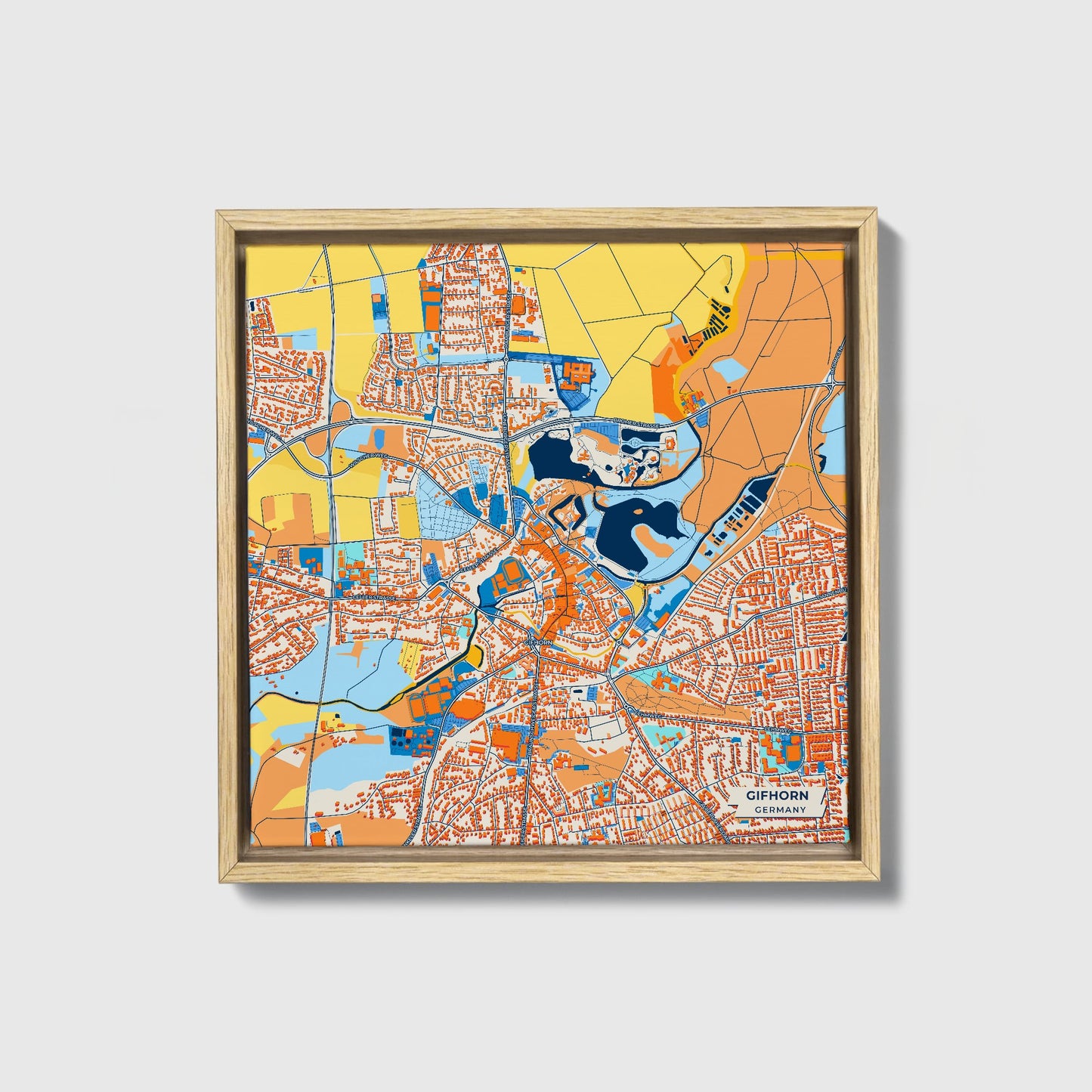 Gifhorn Germany Colorful City Map Canvas Print • Natural Wooden Framed