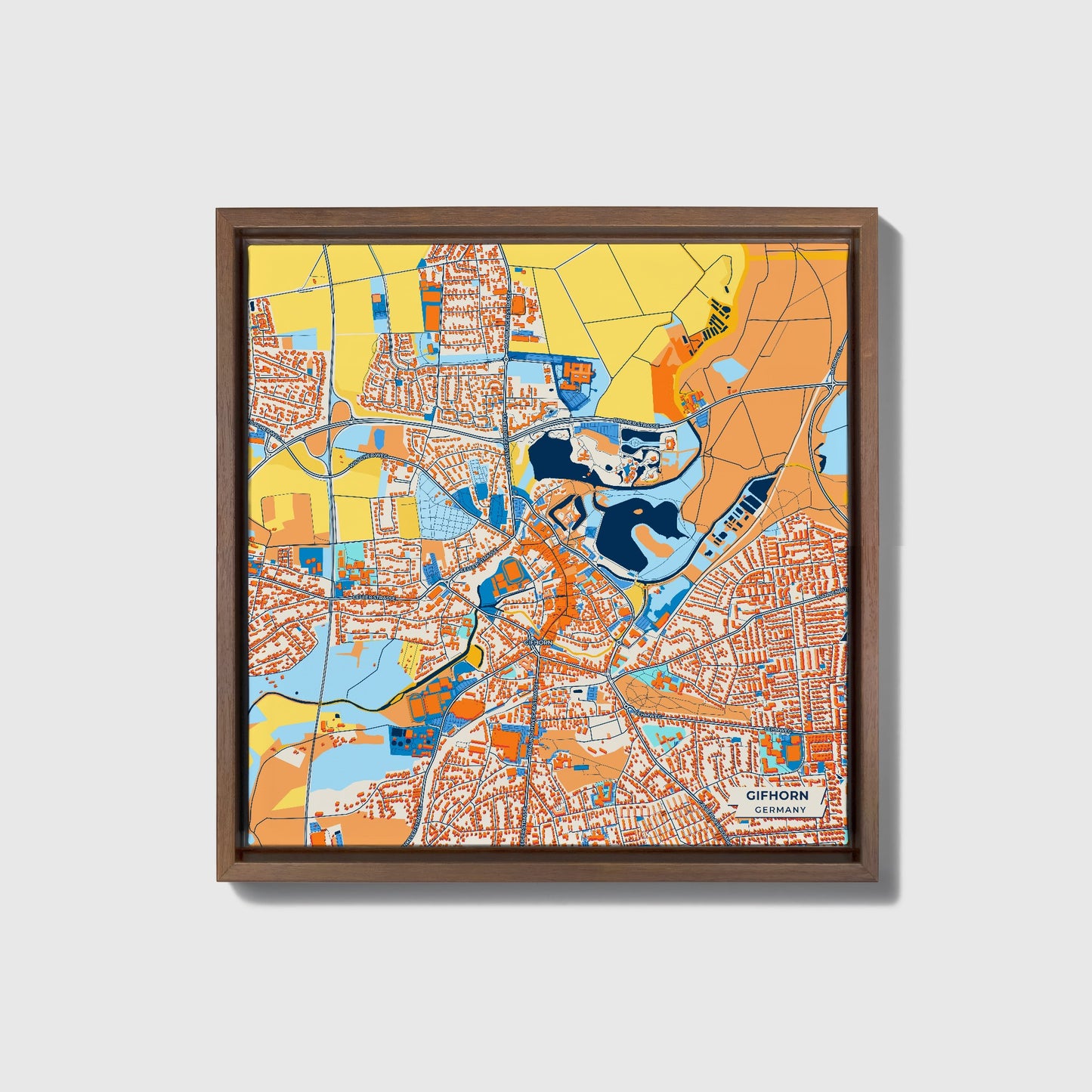 Gifhorn Germany Colorful City Map Canvas Print • Dark Wooden Framed