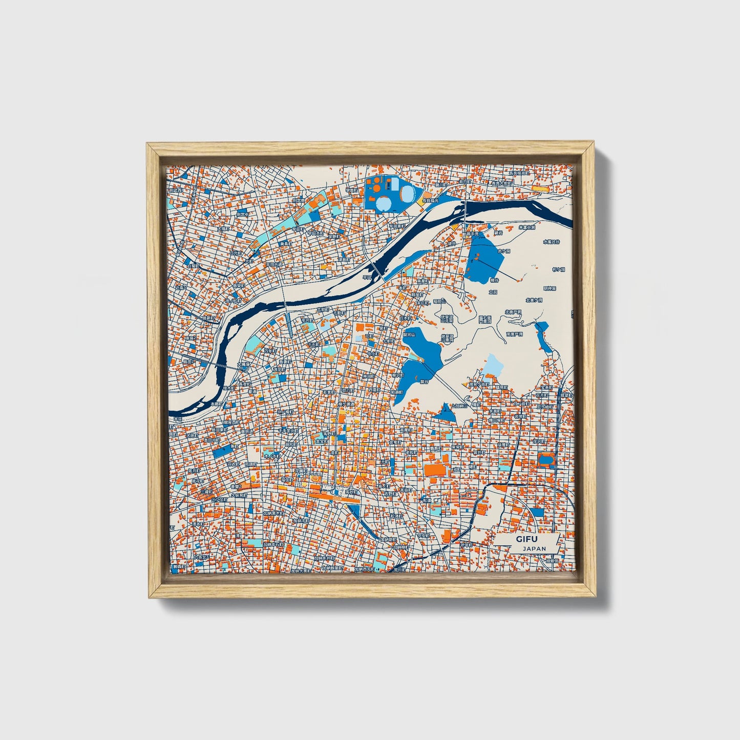 Gifu Japan Colorful City Map Canvas Print • Natural Wooden Framed