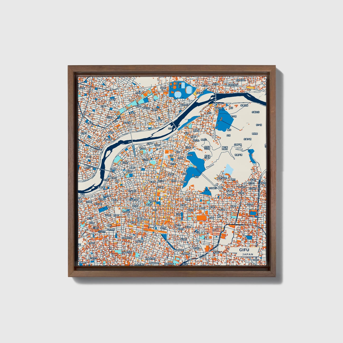 Gifu Japan Colorful City Map Canvas Print • Dark Wooden Framed