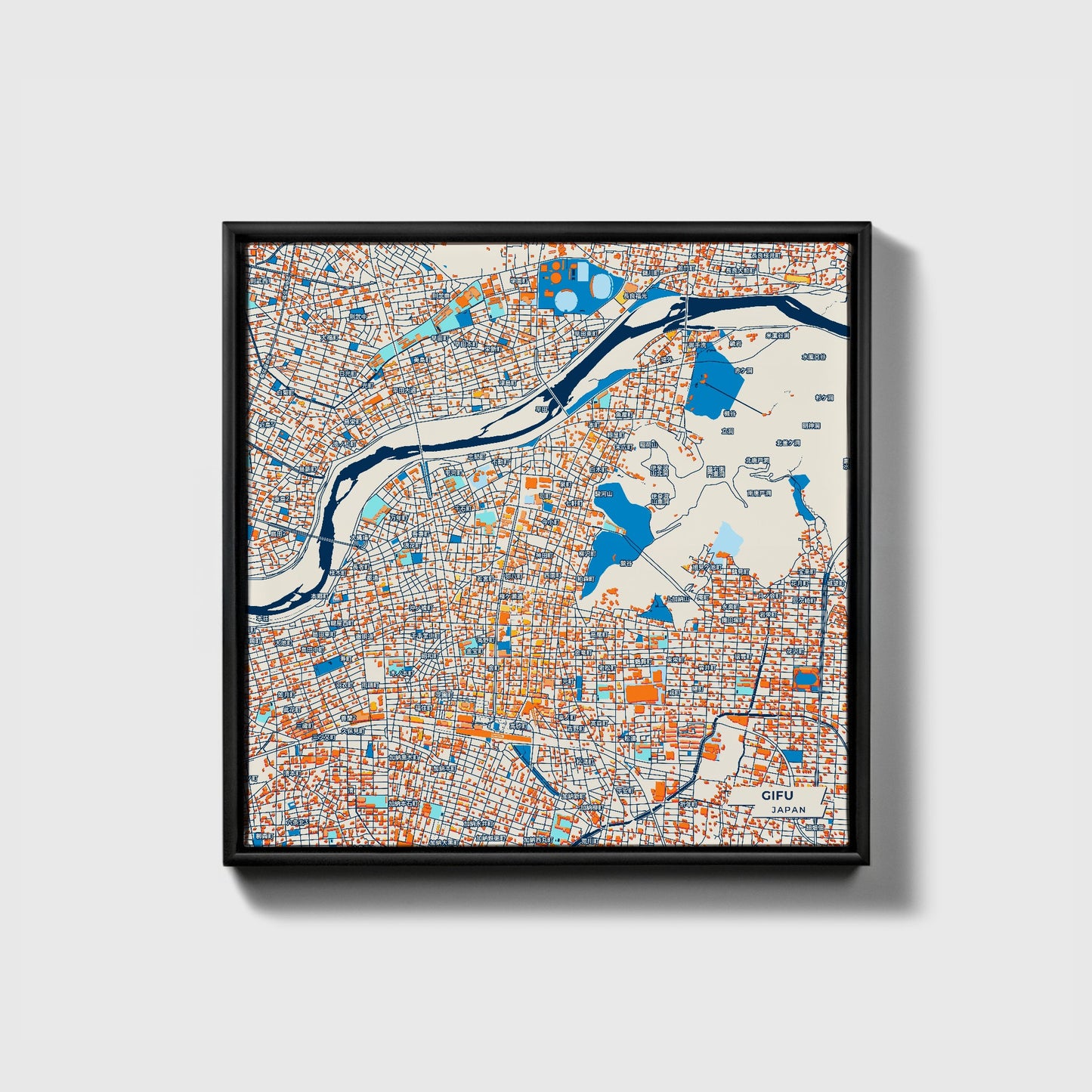 Gifu Japan Colorful City Map Canvas Print • Black Framed