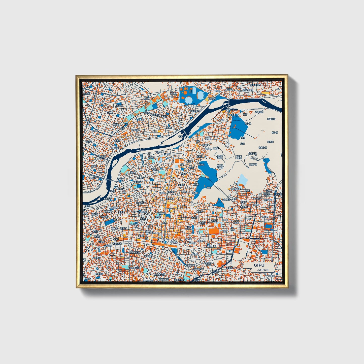 Gifu Japan Colorful City Map Canvas Print • Gold Framed