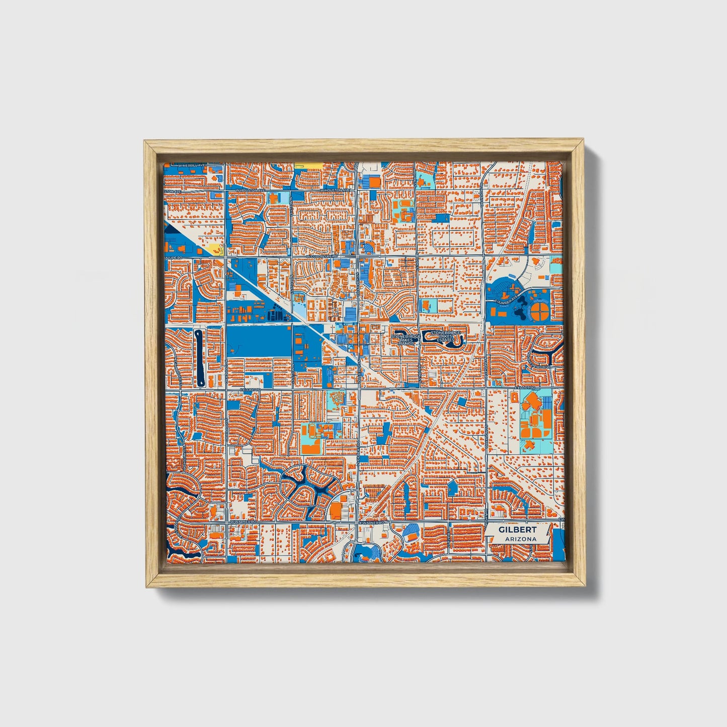 Gilbert Arizona Colorful City Map Canvas Print • Natural Wooden Framed