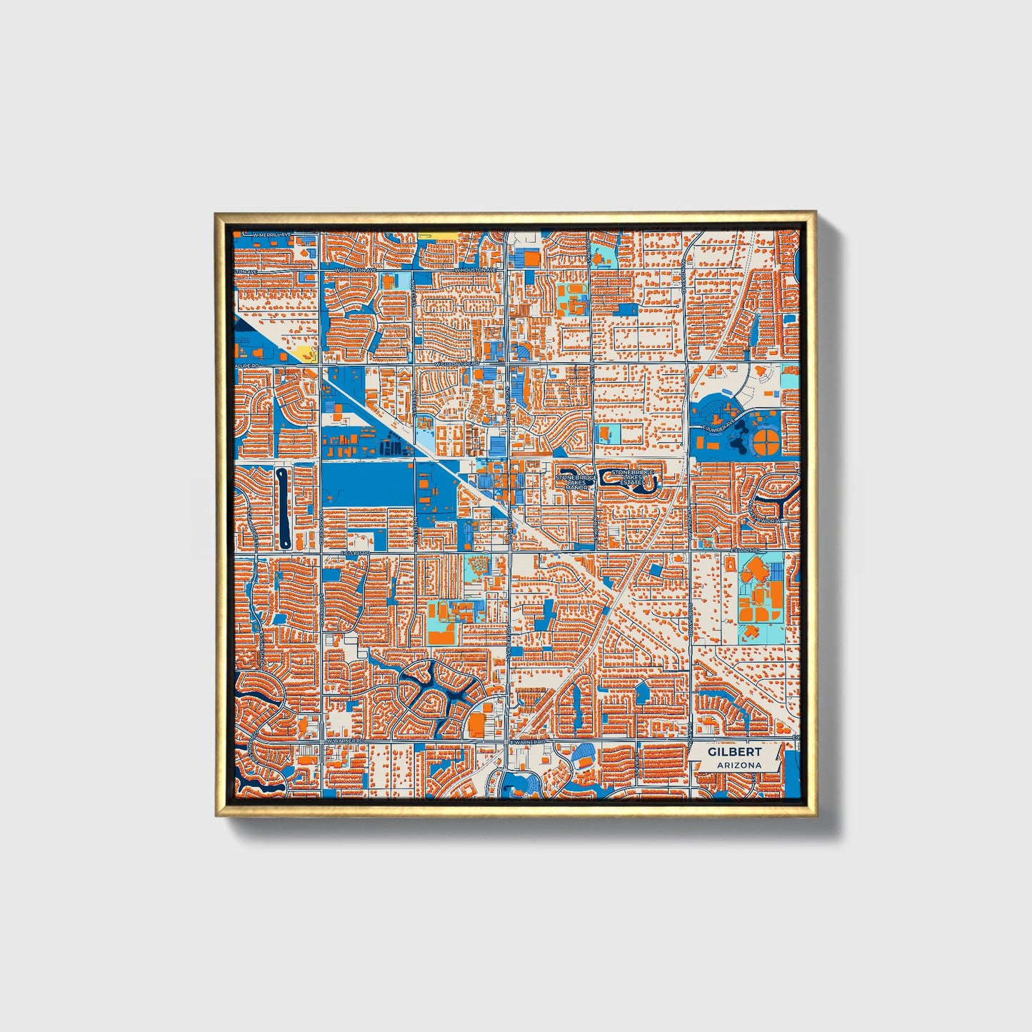 Gilbert Arizona Colorful City Map Canvas Print • Gold Framed