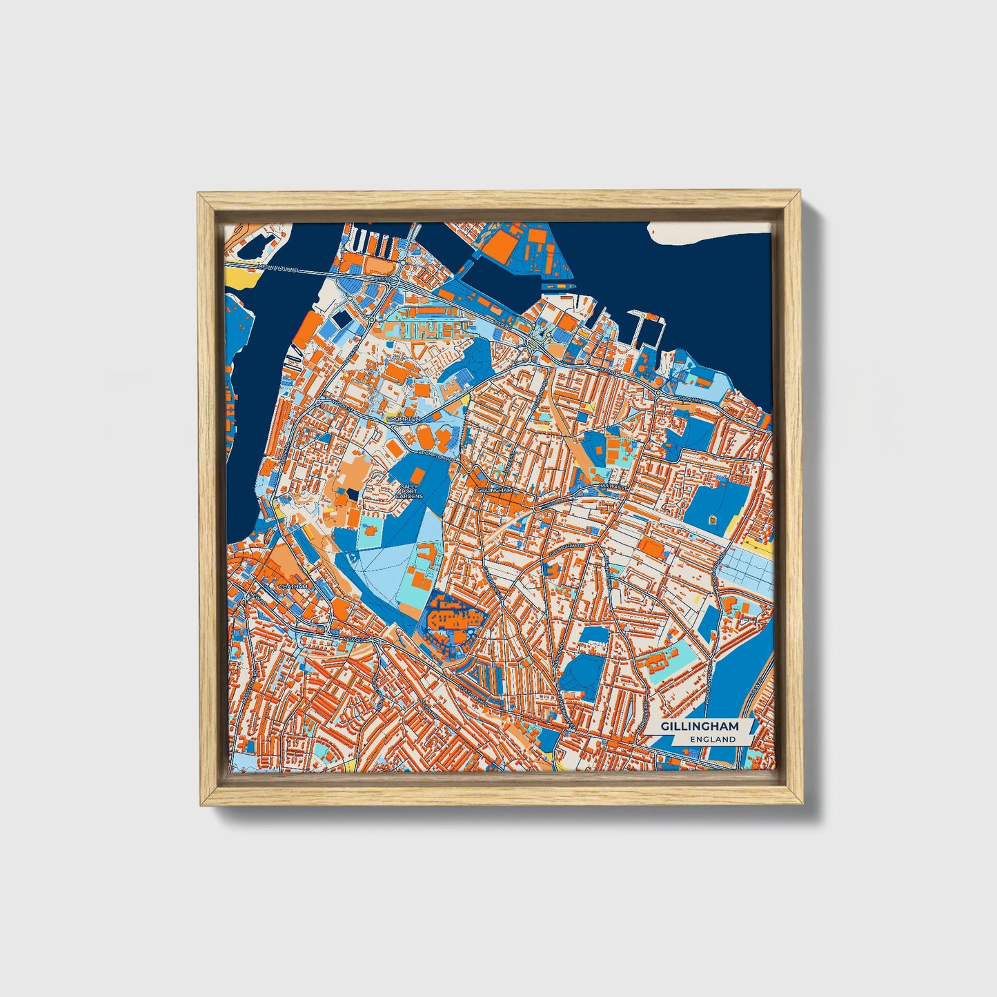Gillingham England Colorful City Map Canvas Print • Natural Wooden Framed