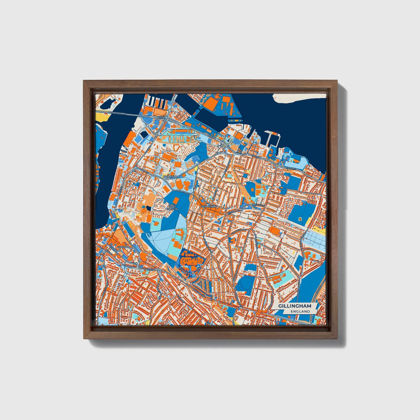 Gillingham England Colorful City Map Canvas Print • Dark Wooden Framed
