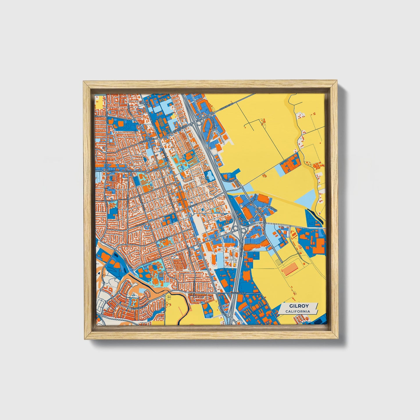 Gilroy California Colorful City Map Canvas Print • Natural Wooden Framed