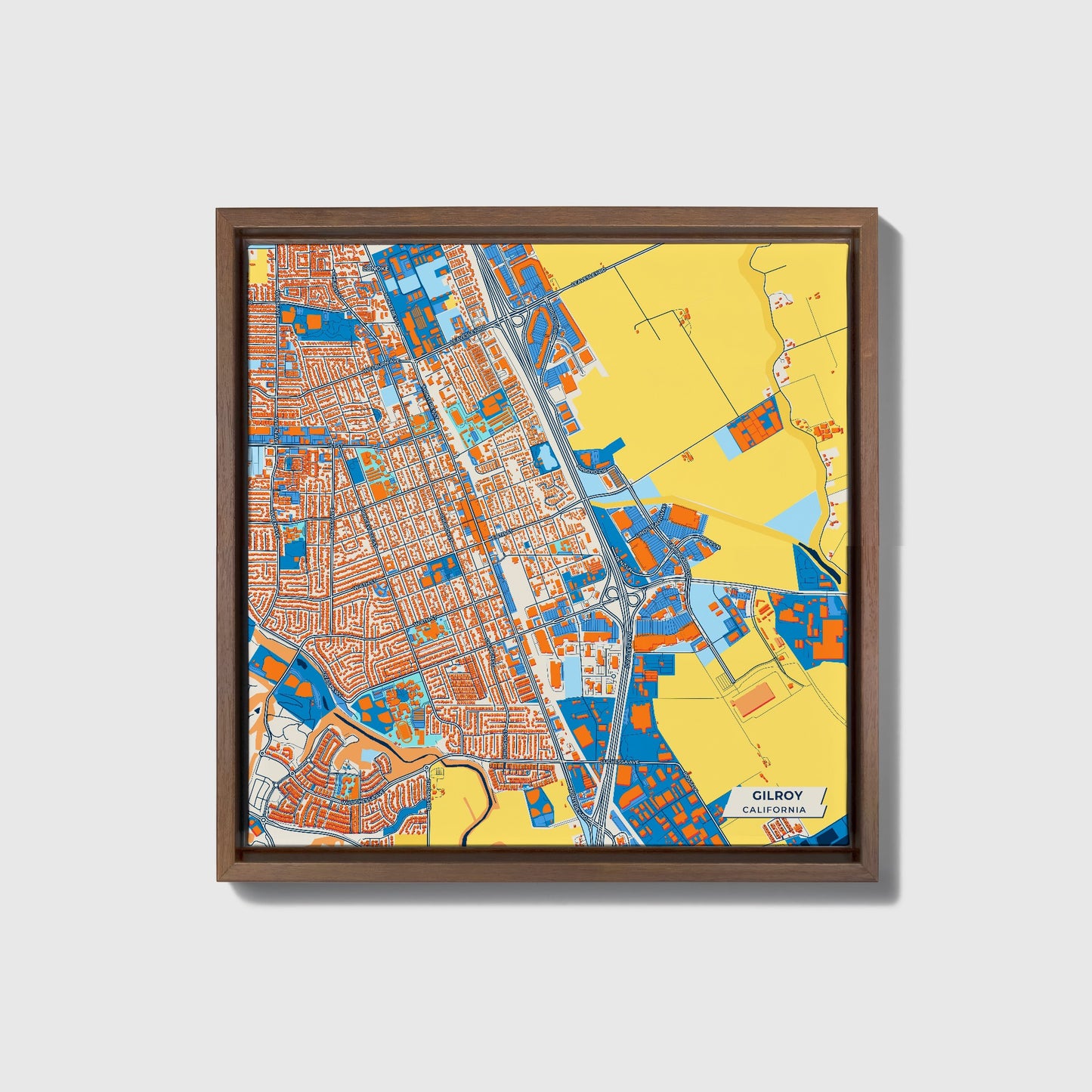 Gilroy California Colorful City Map Canvas Print • Dark Wooden Framed