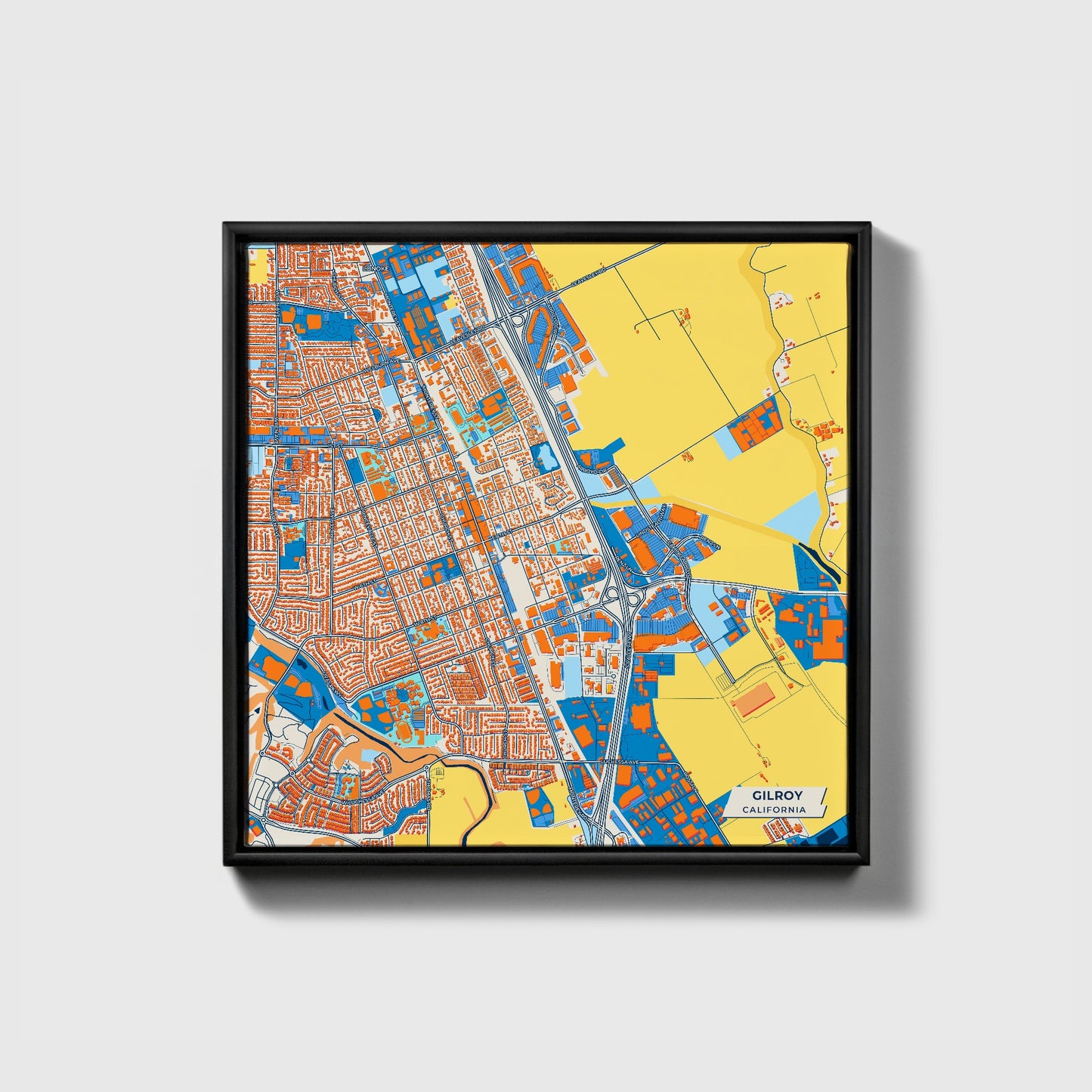 Gilroy California Colorful City Map Canvas Print • Black Framed