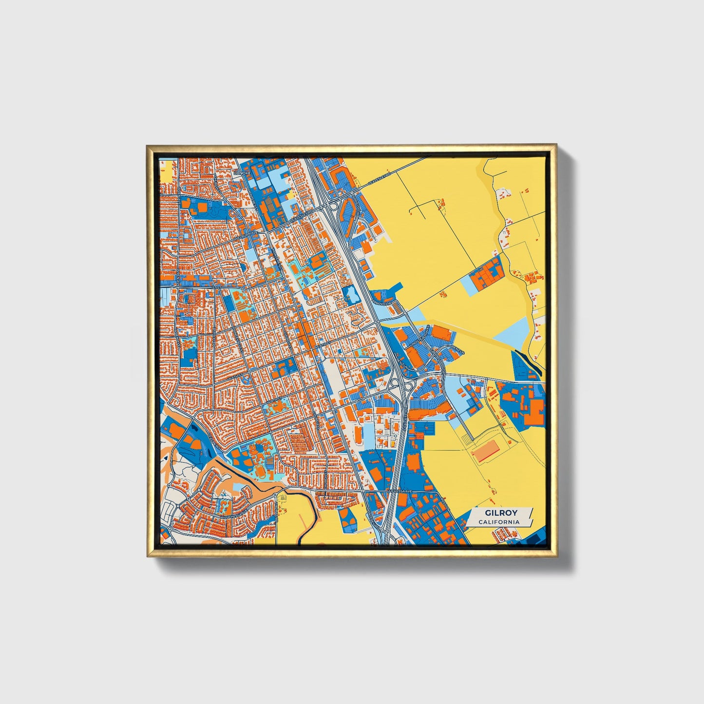 Gilroy California Colorful City Map Canvas Print • Gold Framed