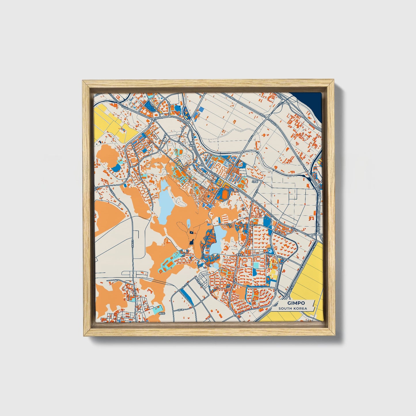 Gimpo South Korea Colorful City Map Canvas Print • Natural Wooden Framed