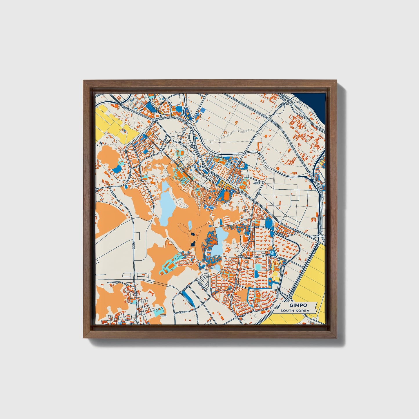 Gimpo South Korea Colorful City Map Canvas Print • Dark Wooden Framed