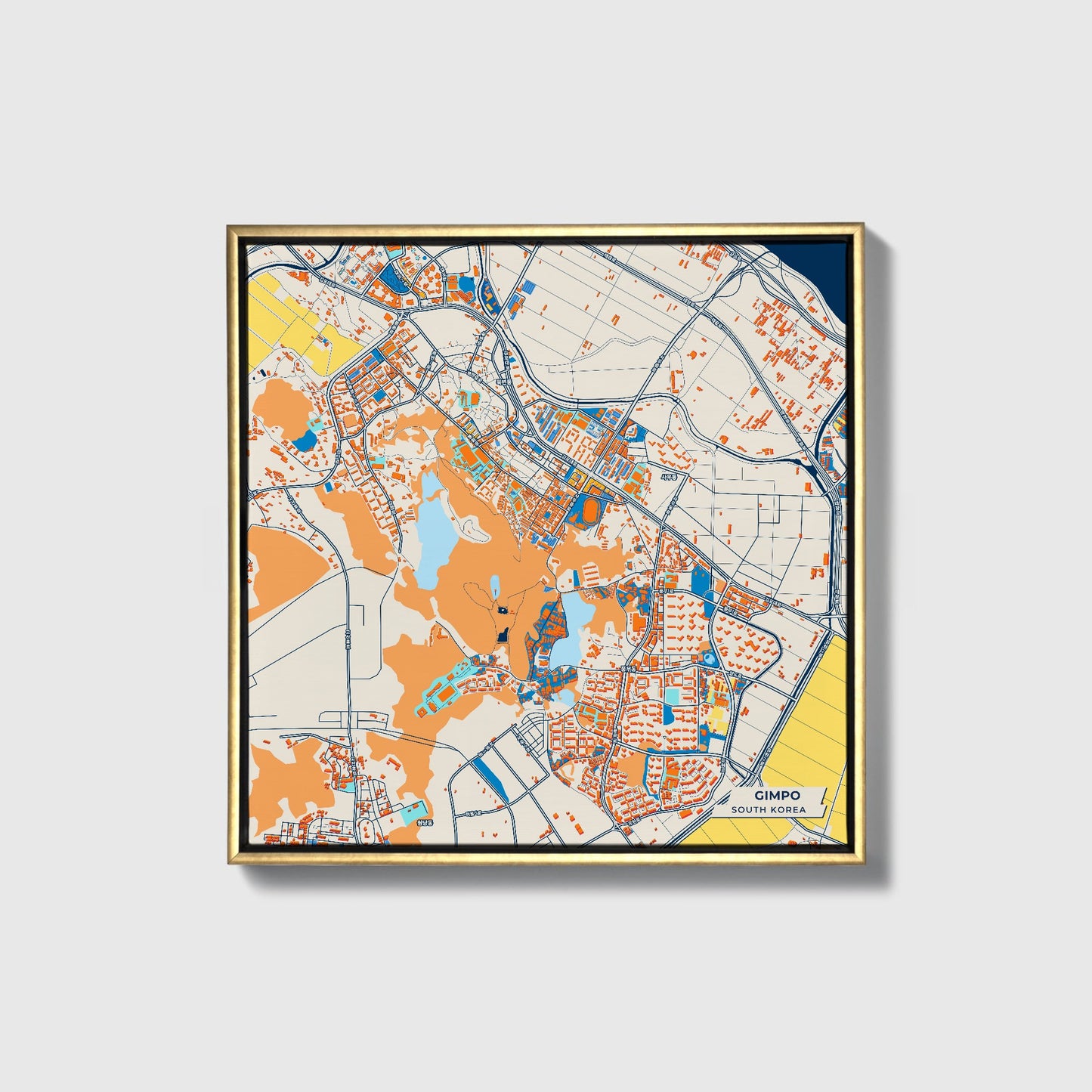 Gimpo South Korea Colorful City Map Canvas Print • Gold Framed