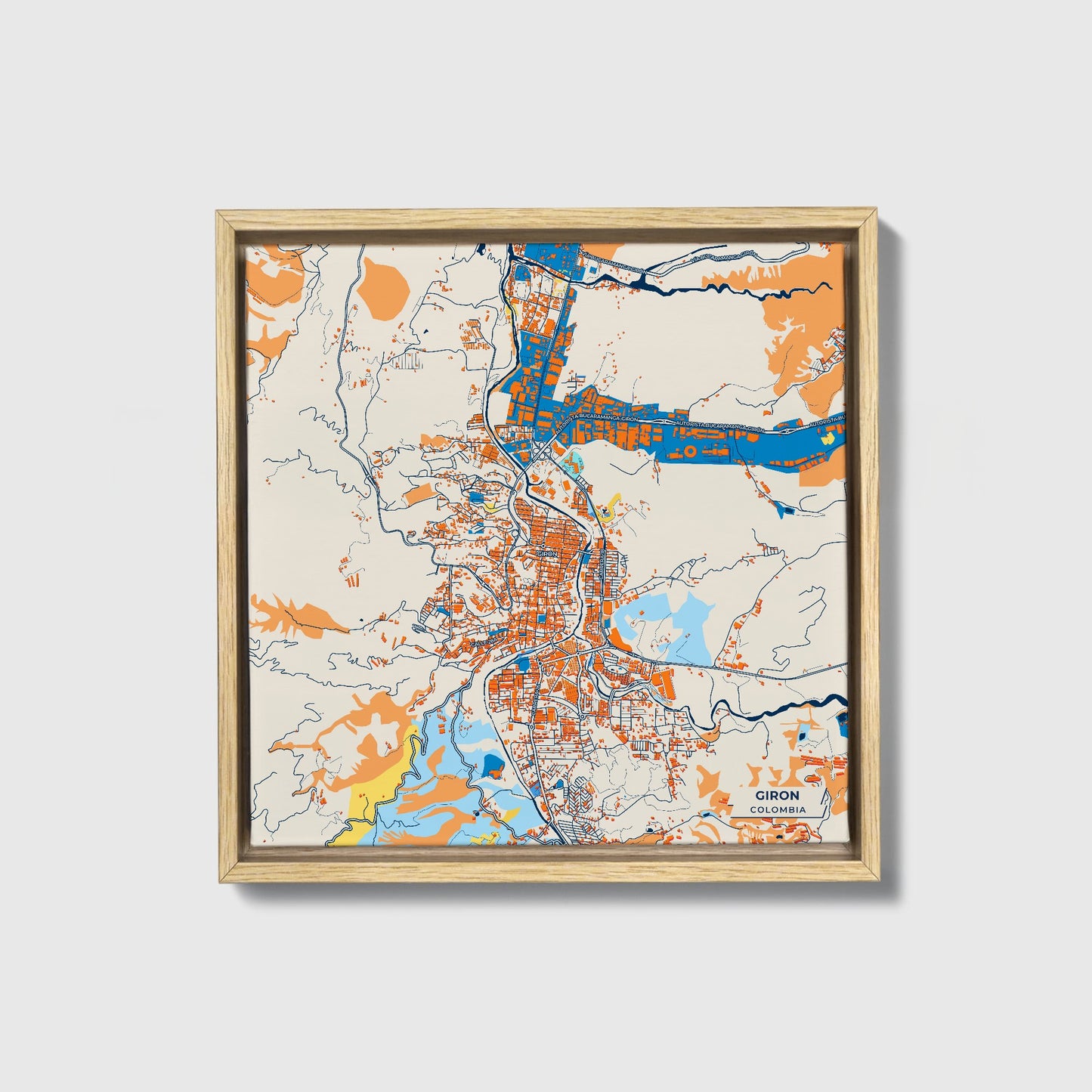 Giron Colombia Colorful City Map Canvas Print • Natural Wooden Framed