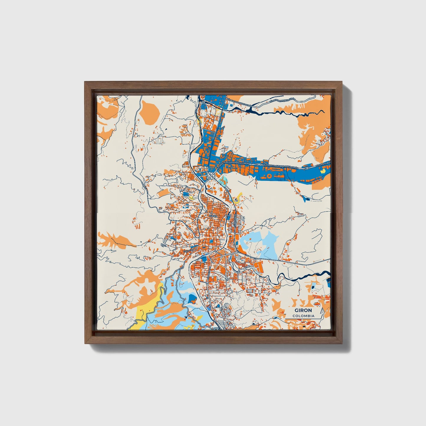 Giron Colombia Colorful City Map Canvas Print • Dark Wooden Framed