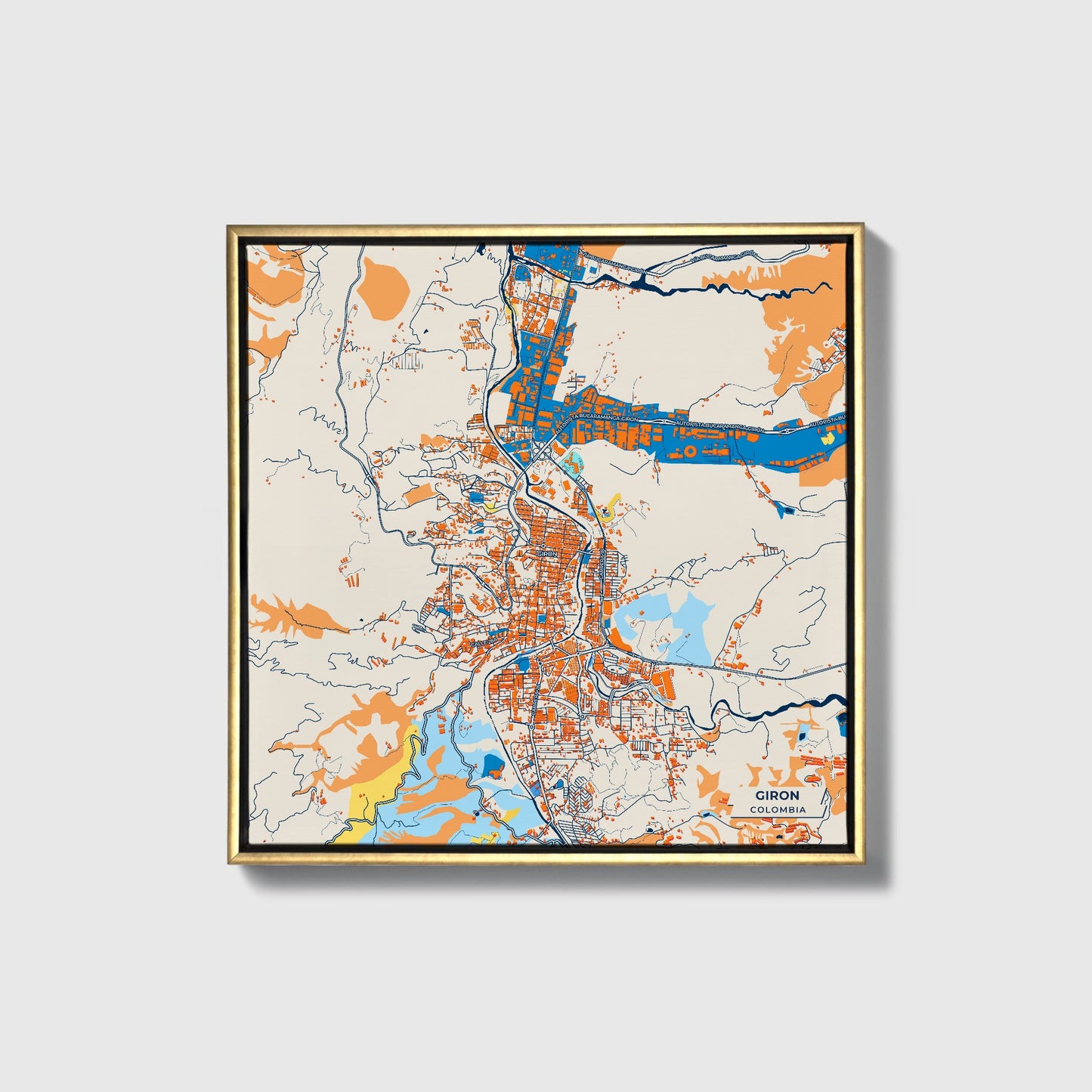 Giron Colombia Colorful City Map Canvas Print • Gold Framed
