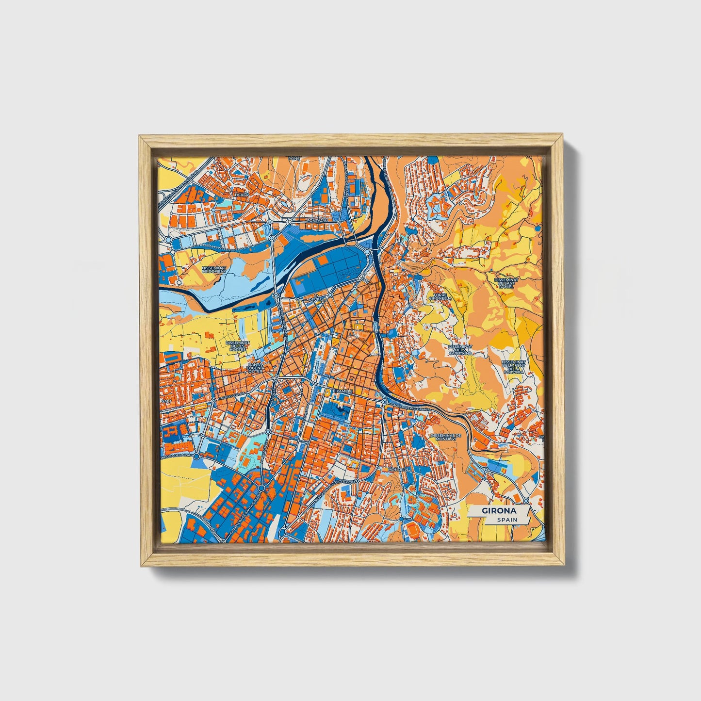 Girona Spain Colorful City Map Canvas Print • Natural Wooden Framed