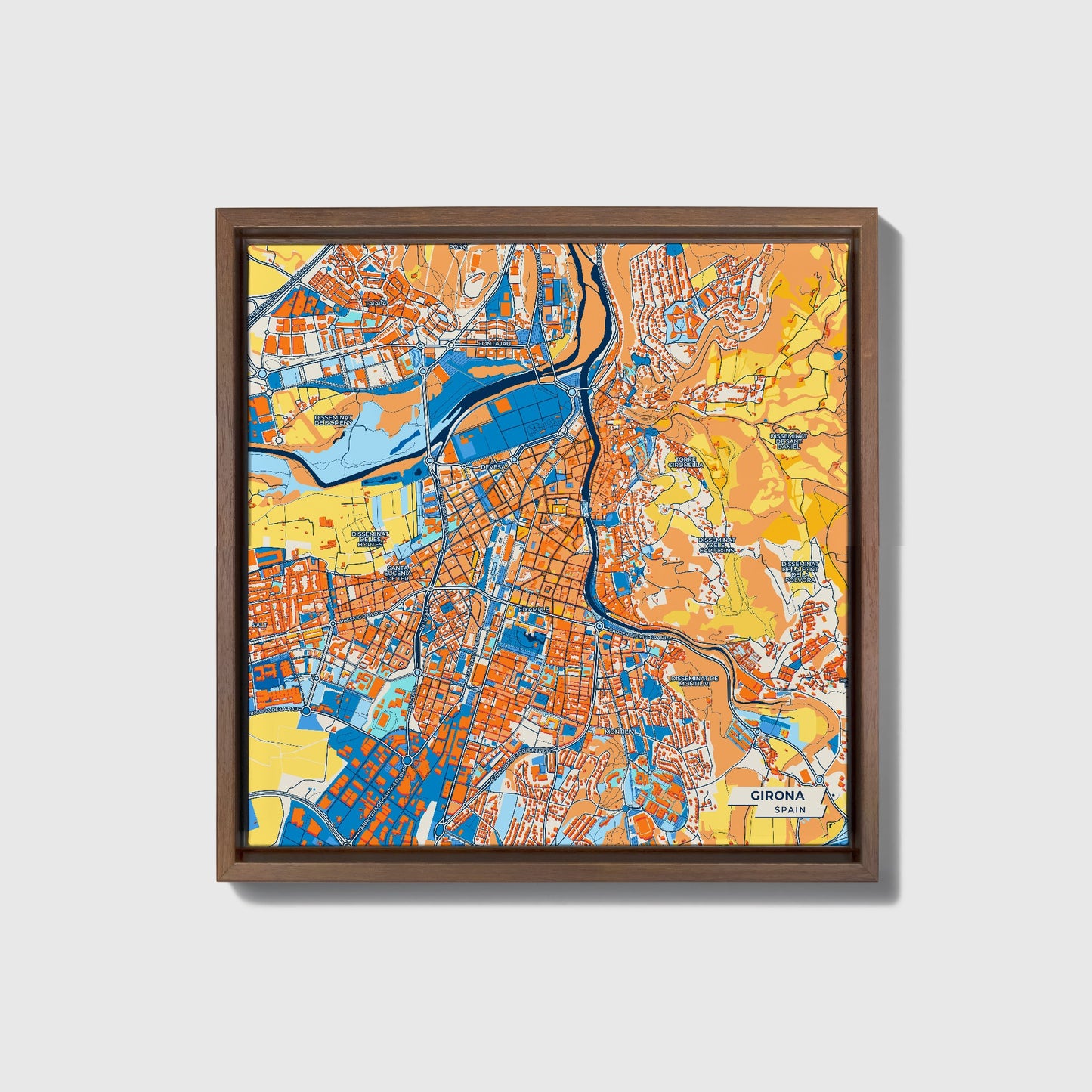 Girona Spain Colorful City Map Canvas Print • Dark Wooden Framed