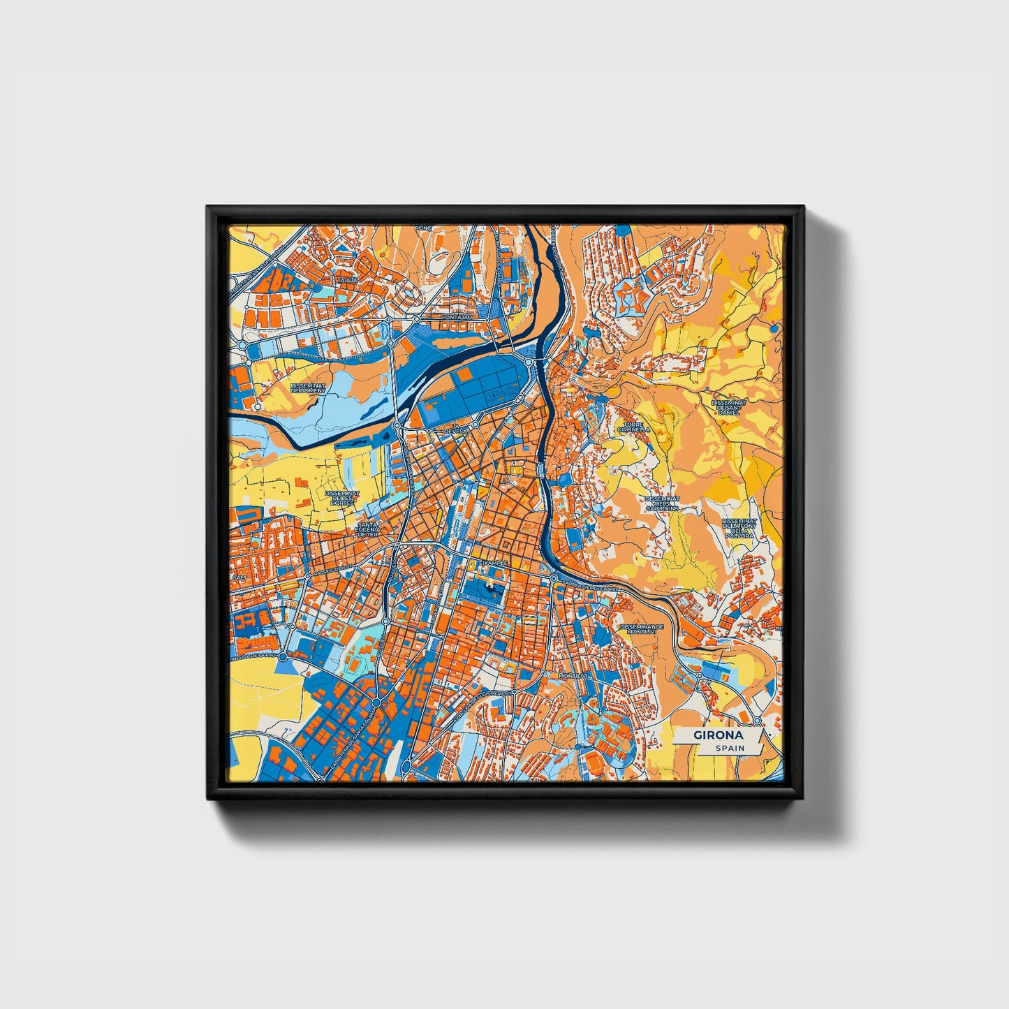 Girona Spain Colorful City Map Canvas Print • Black Framed