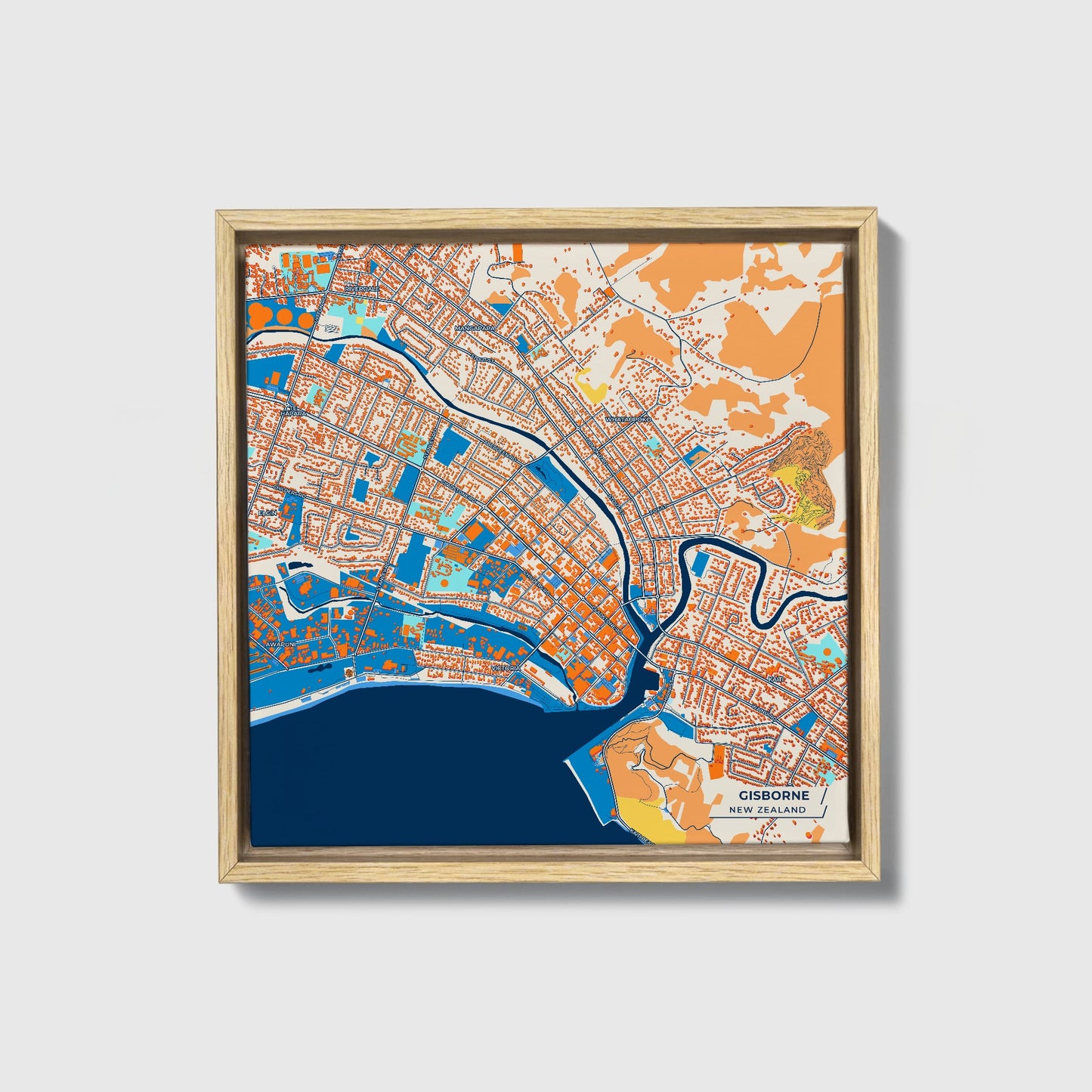Gisborne New Zealand Colorful City Map Canvas Print • Natural Wooden Framed