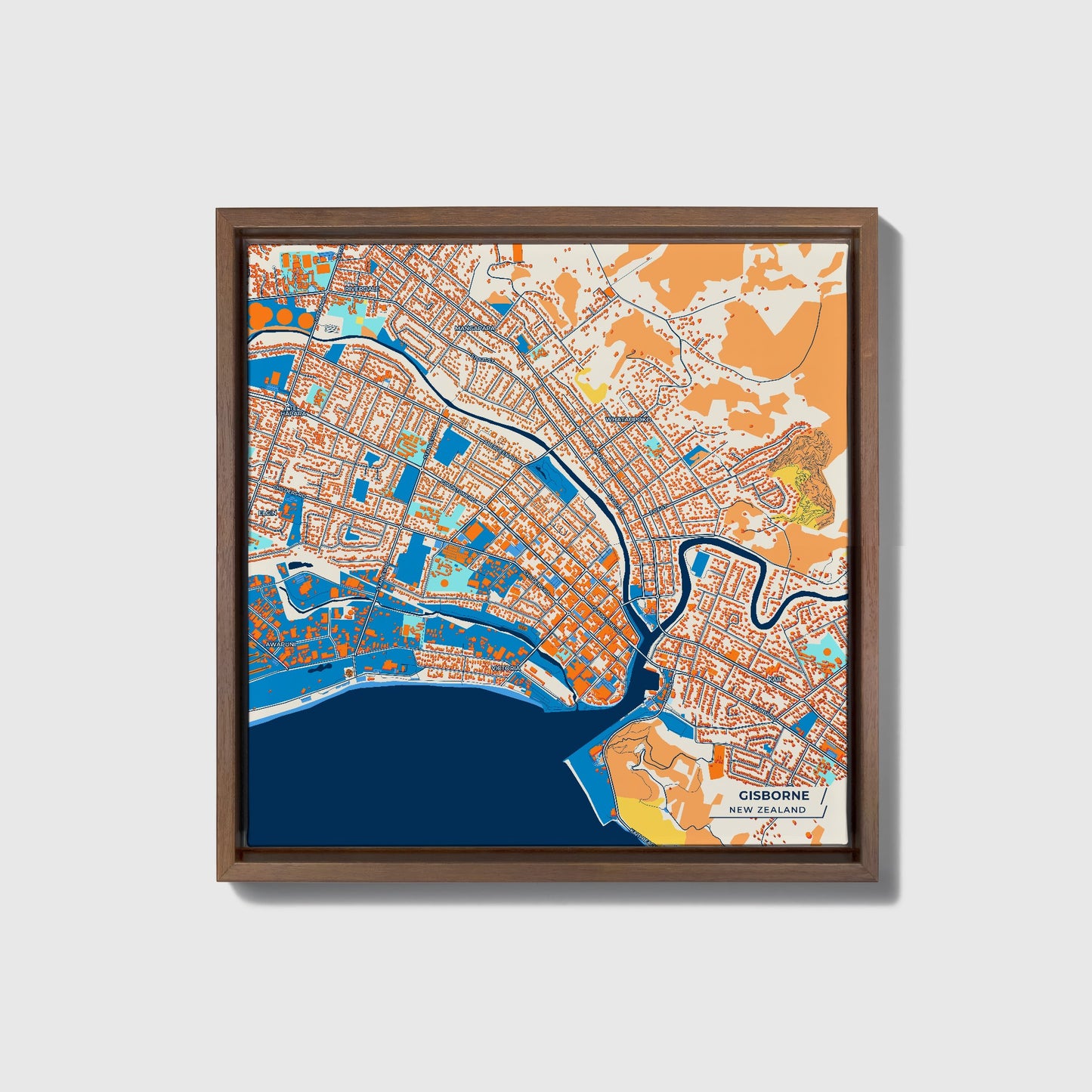 Gisborne New Zealand Colorful City Map Canvas Print • Dark Wooden Framed