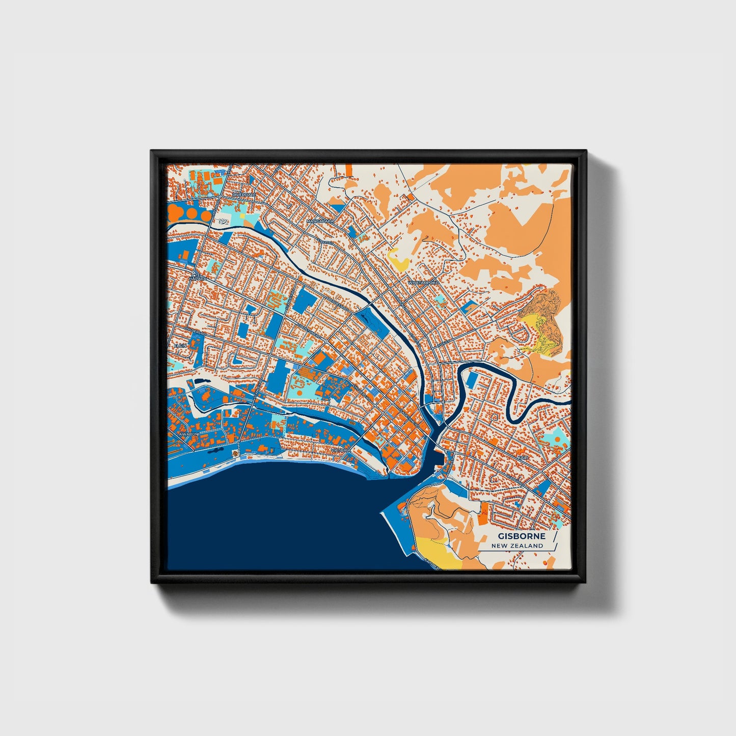 Gisborne New Zealand Colorful City Map Canvas Print • Black Framed