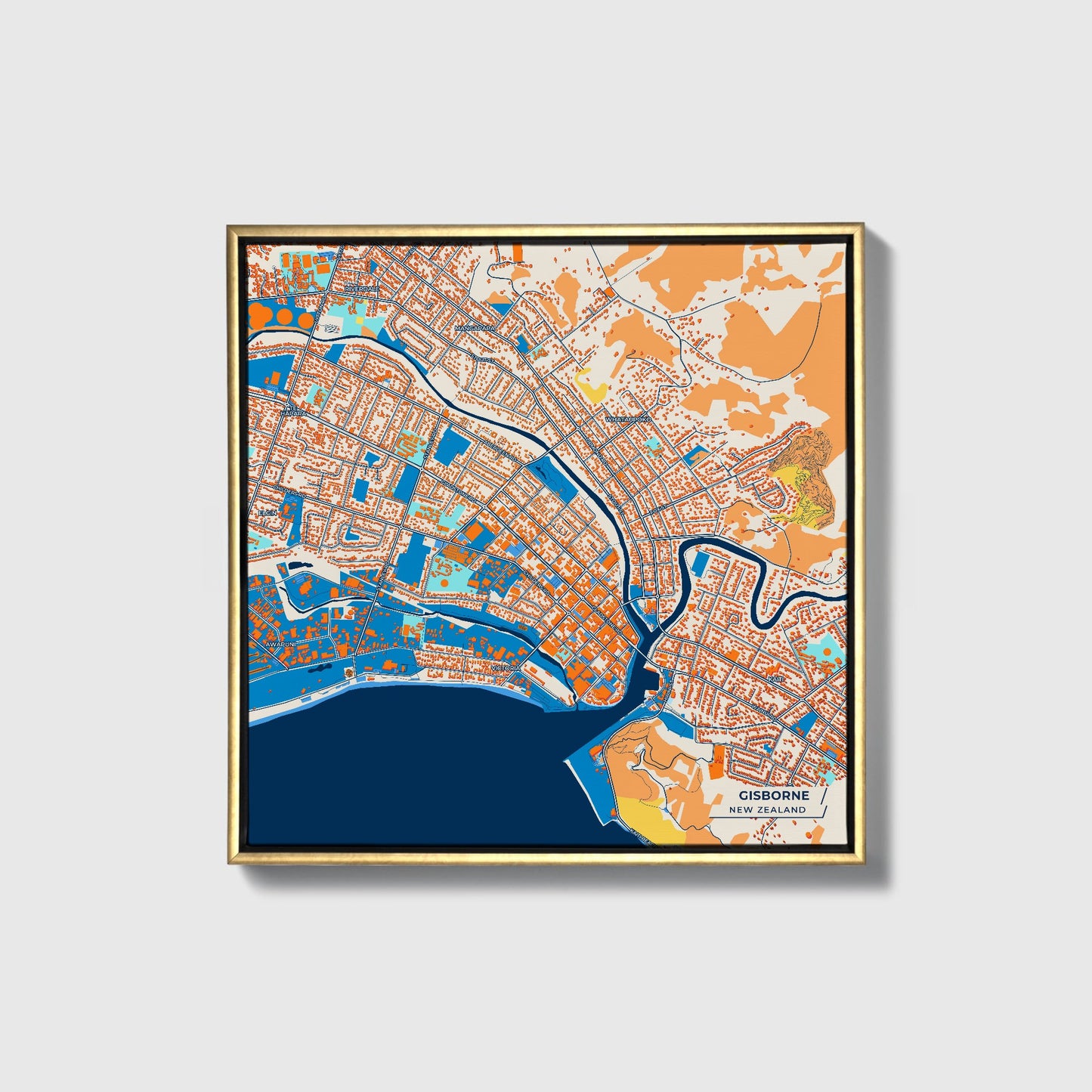 Gisborne New Zealand Colorful City Map Canvas Print • Gold Framed