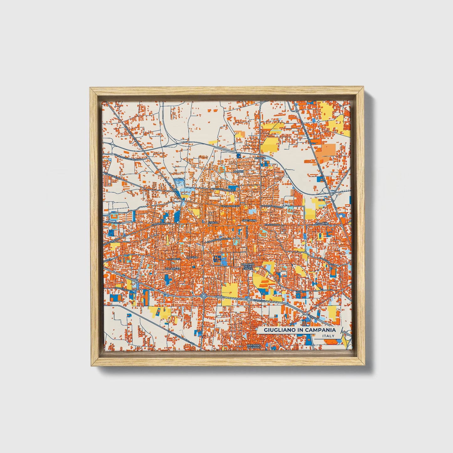 Giugliano In Campania Italy Colorful City Map Canvas Print • Natural Wooden Framed