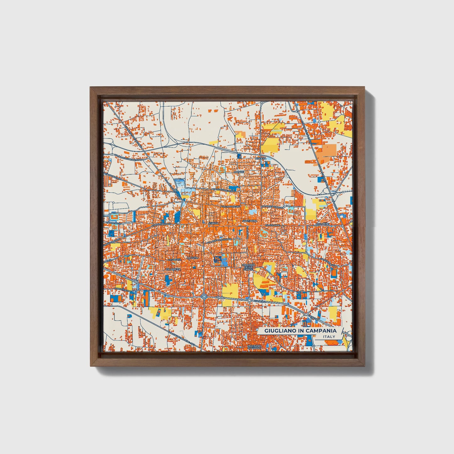 Giugliano In Campania Italy Colorful City Map Canvas Print • Dark Wooden Framed