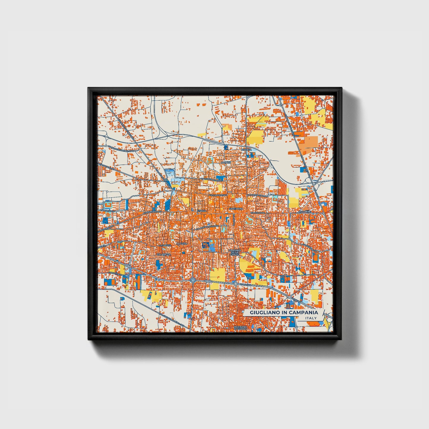 Giugliano In Campania Italy Colorful City Map Canvas Print • Black Framed