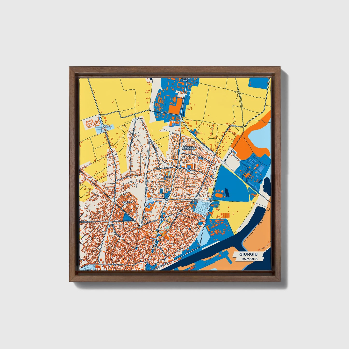 Giurgiu Romania Colorful City Map Canvas Print • Dark Wooden Framed