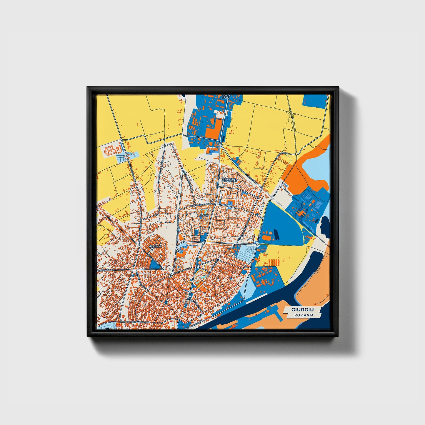 Giurgiu Romania Colorful City Map Canvas Print • Black Framed