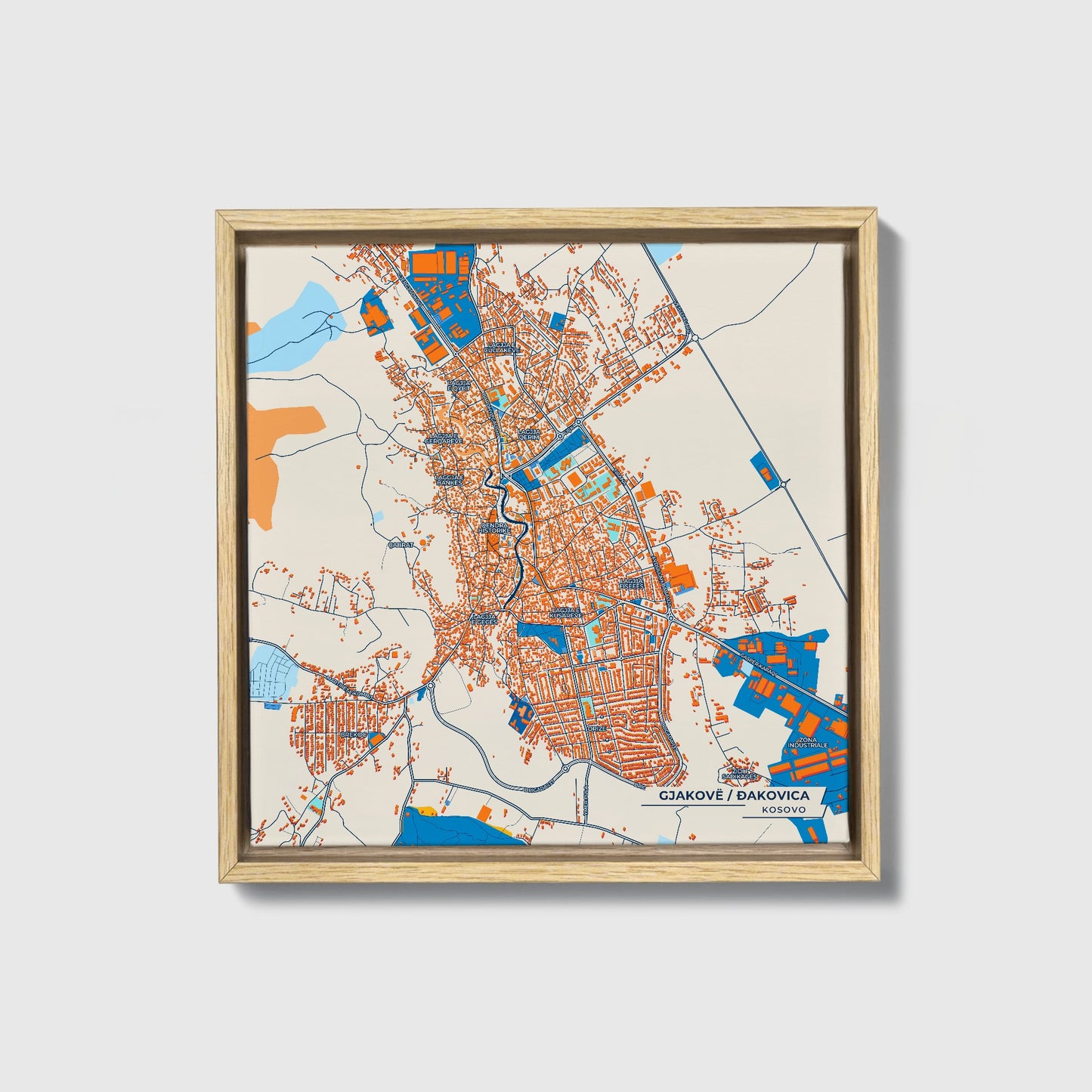 Gjakovë Kosovo Colorful City Map Canvas Print • Natural Wooden Framed