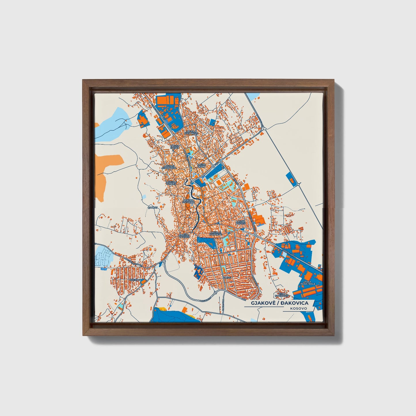 Gjakovë Kosovo Colorful City Map Canvas Print • Dark Wooden Framed