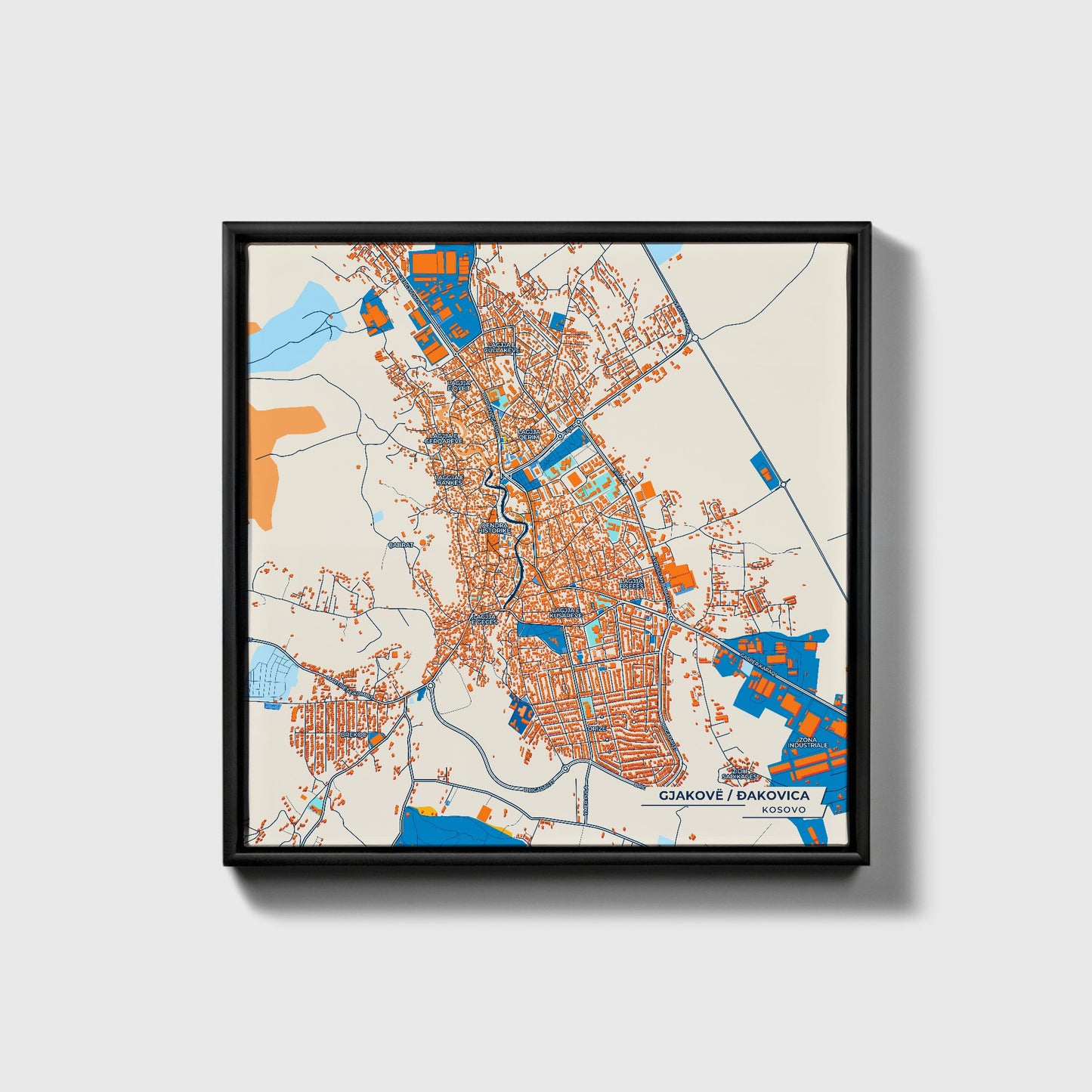 Gjakovë Kosovo Colorful City Map Canvas Print • Black Framed