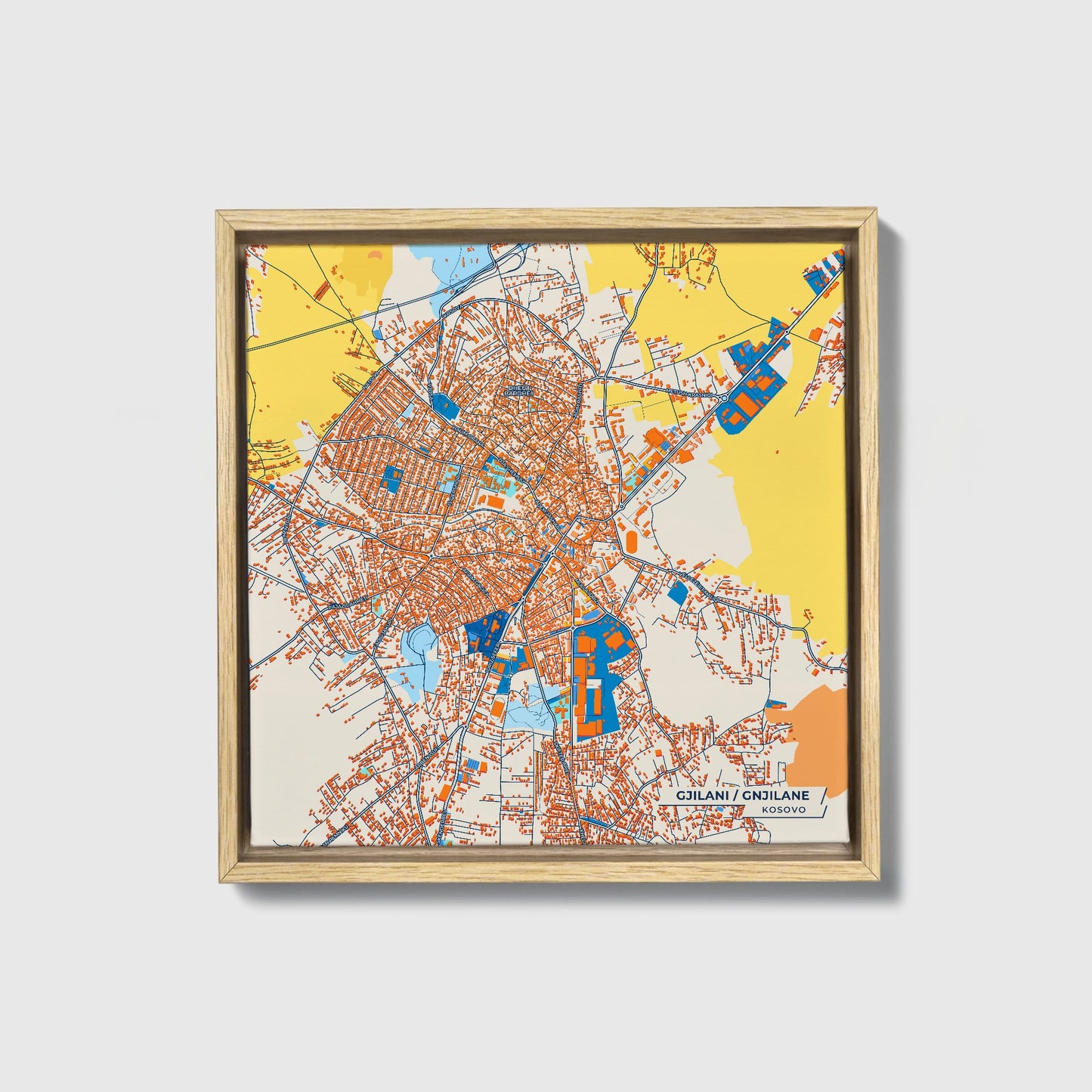 Gjilani Kosovo Colorful City Map Canvas Print • Natural Wooden Framed