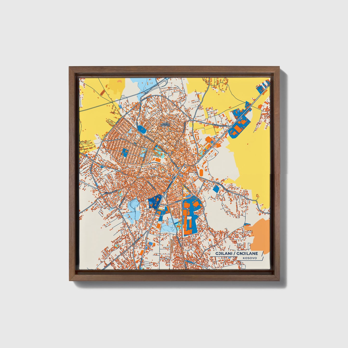 Gjilani Kosovo Colorful City Map Canvas Print • Dark Wooden Framed