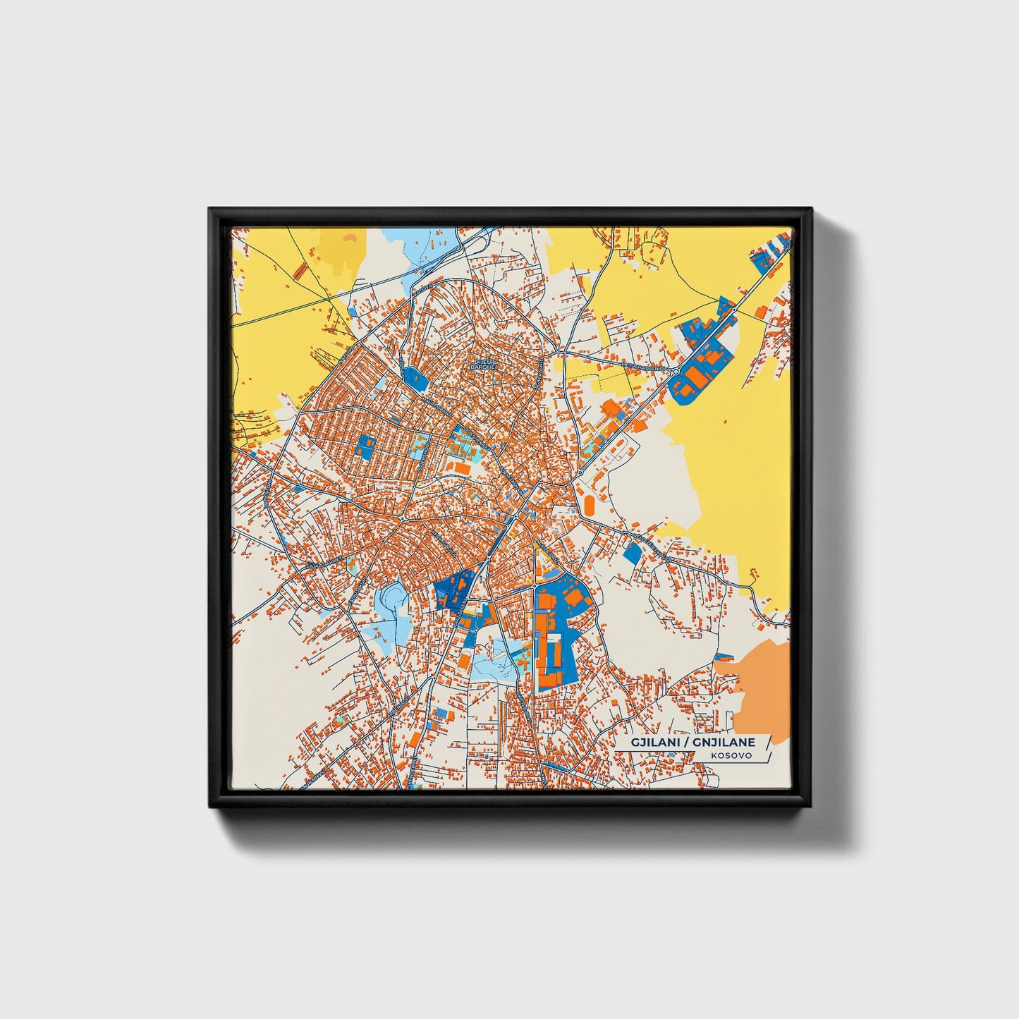 Gjilani Kosovo Colorful City Map Canvas Print • Black Framed