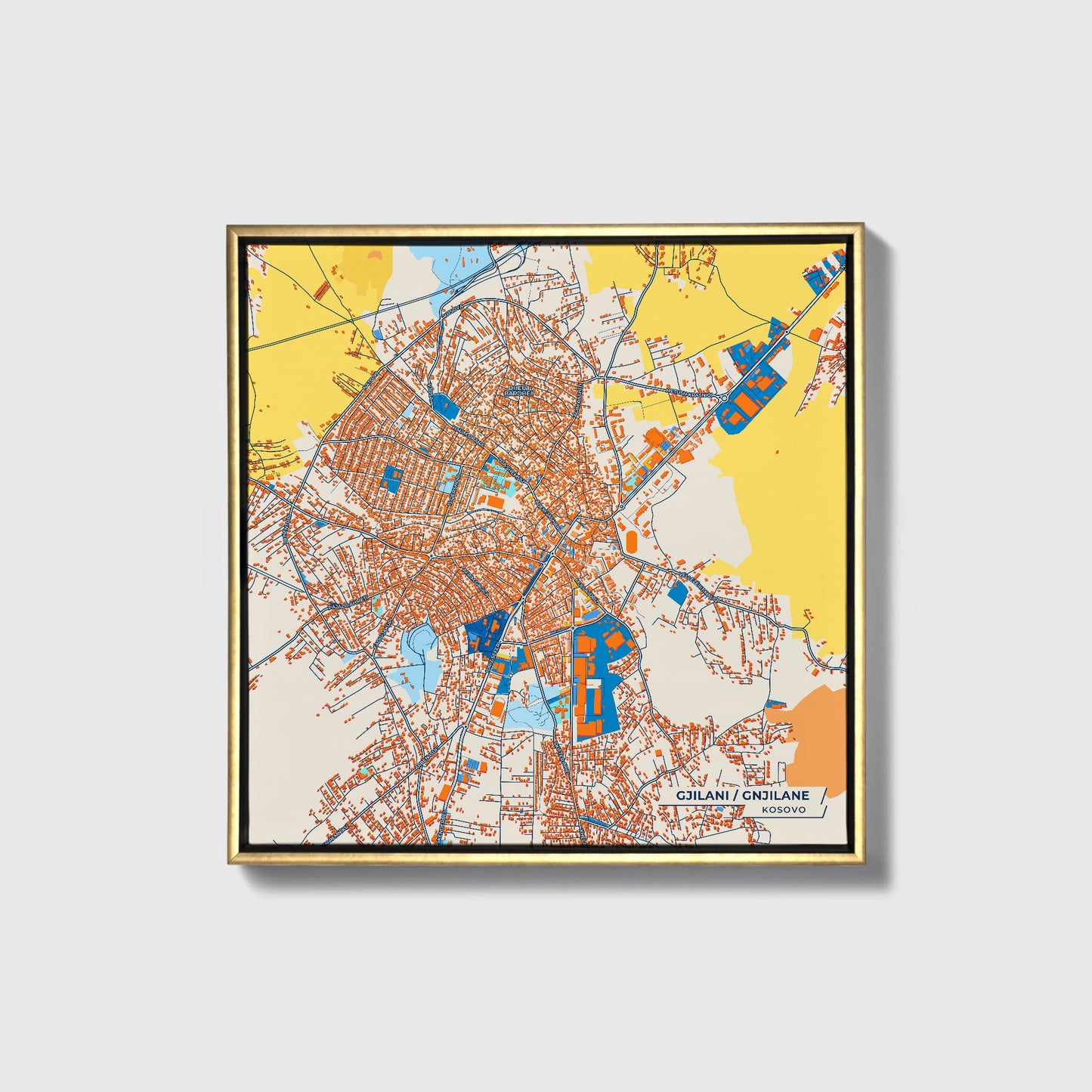 Gjilani Kosovo Colorful City Map Canvas Print • Gold Framed