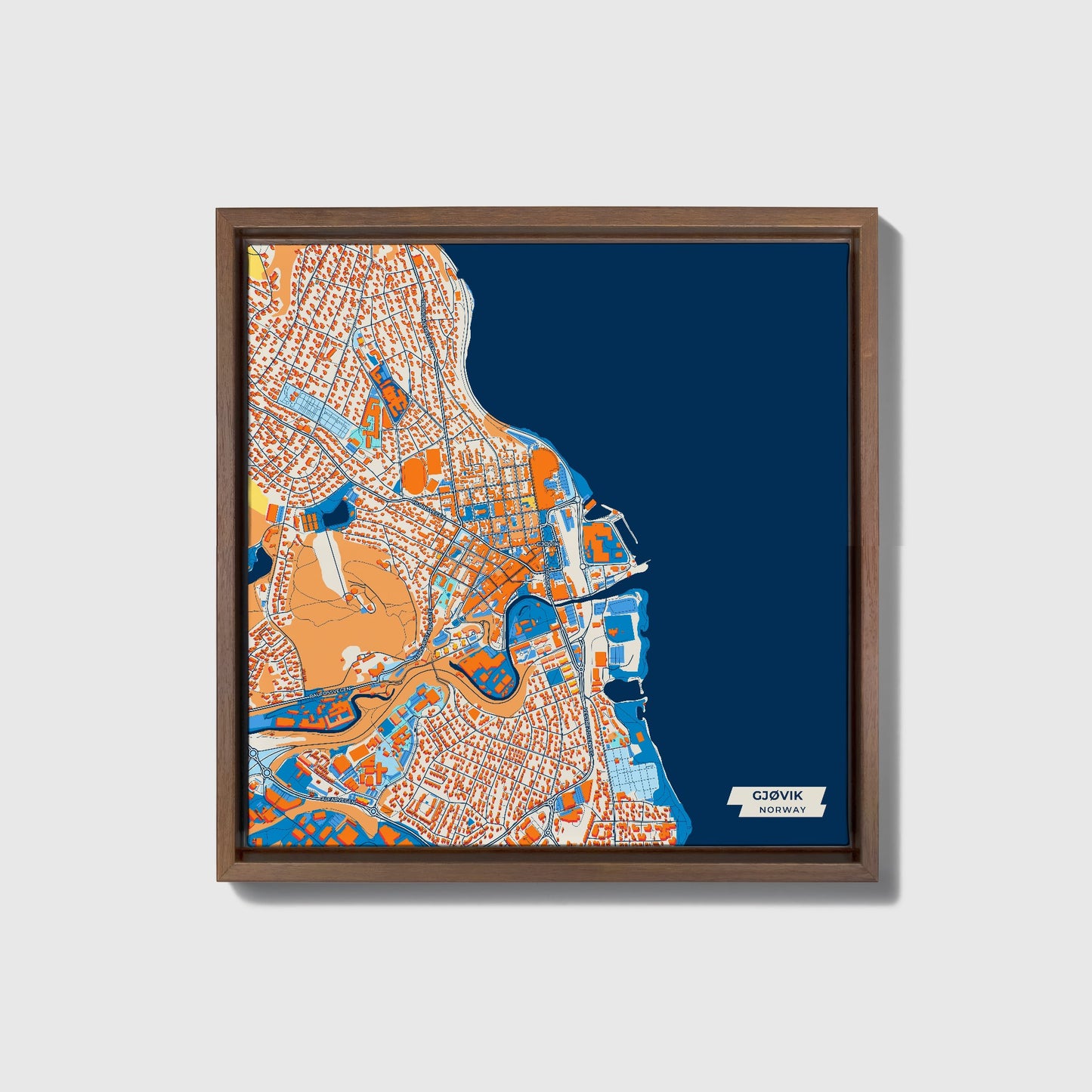 Gjøvik Norway Colorful City Map Canvas Print • Dark Wooden Framed